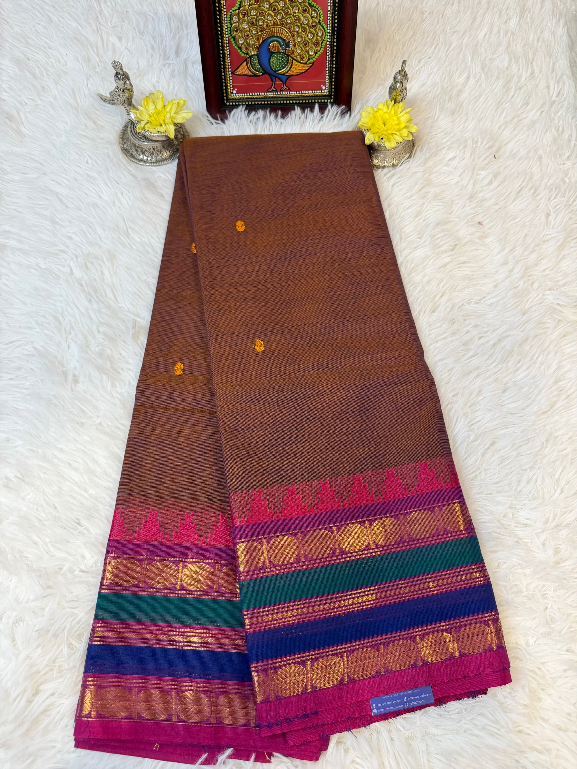 100 Counts Brownish Blue Dual Tone Kanchi Cotton Saree w Small Butta