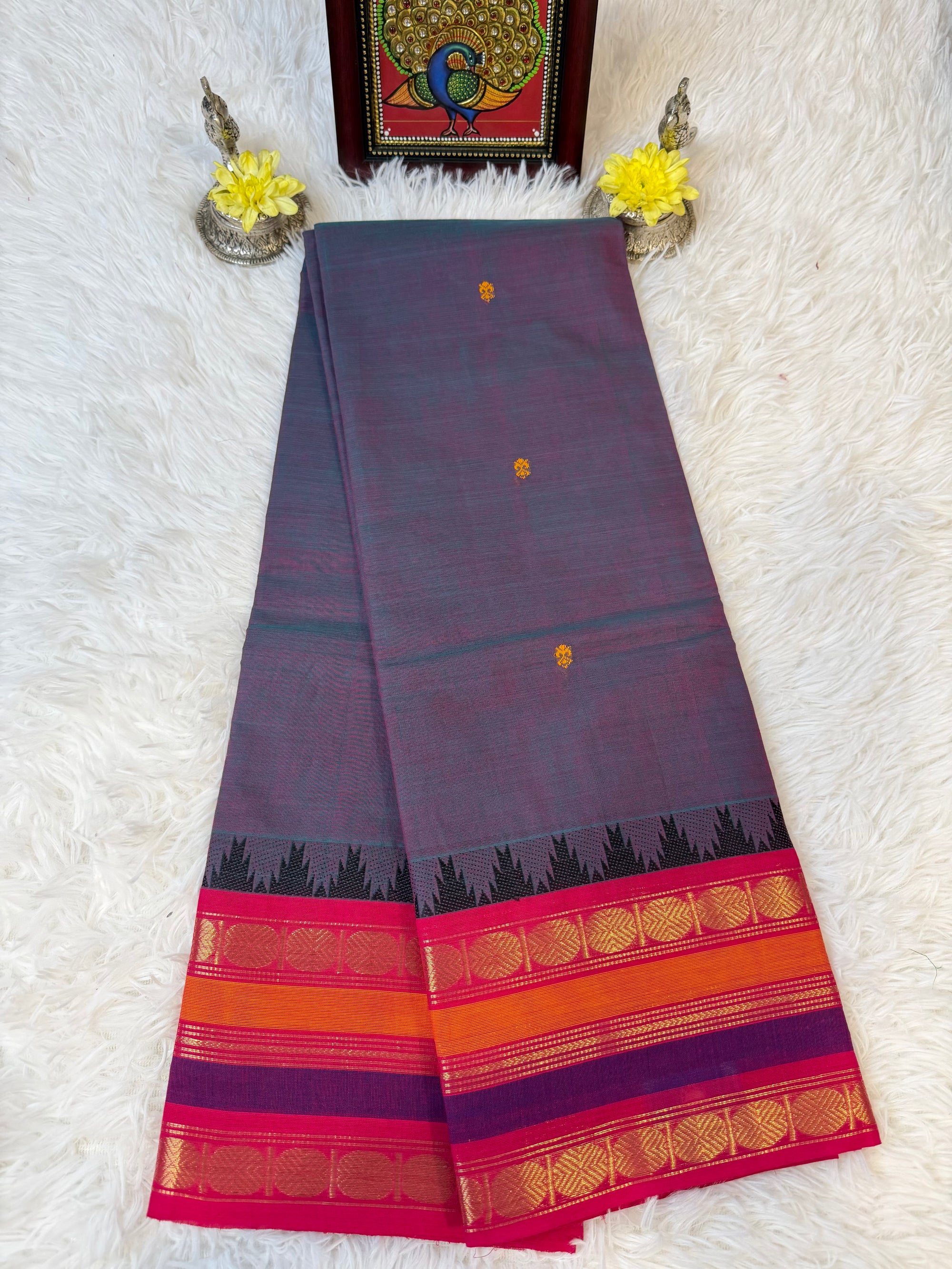 100 Counts Blue-Berry Dual Tone Kanchi Cotton Saree w Small Butta