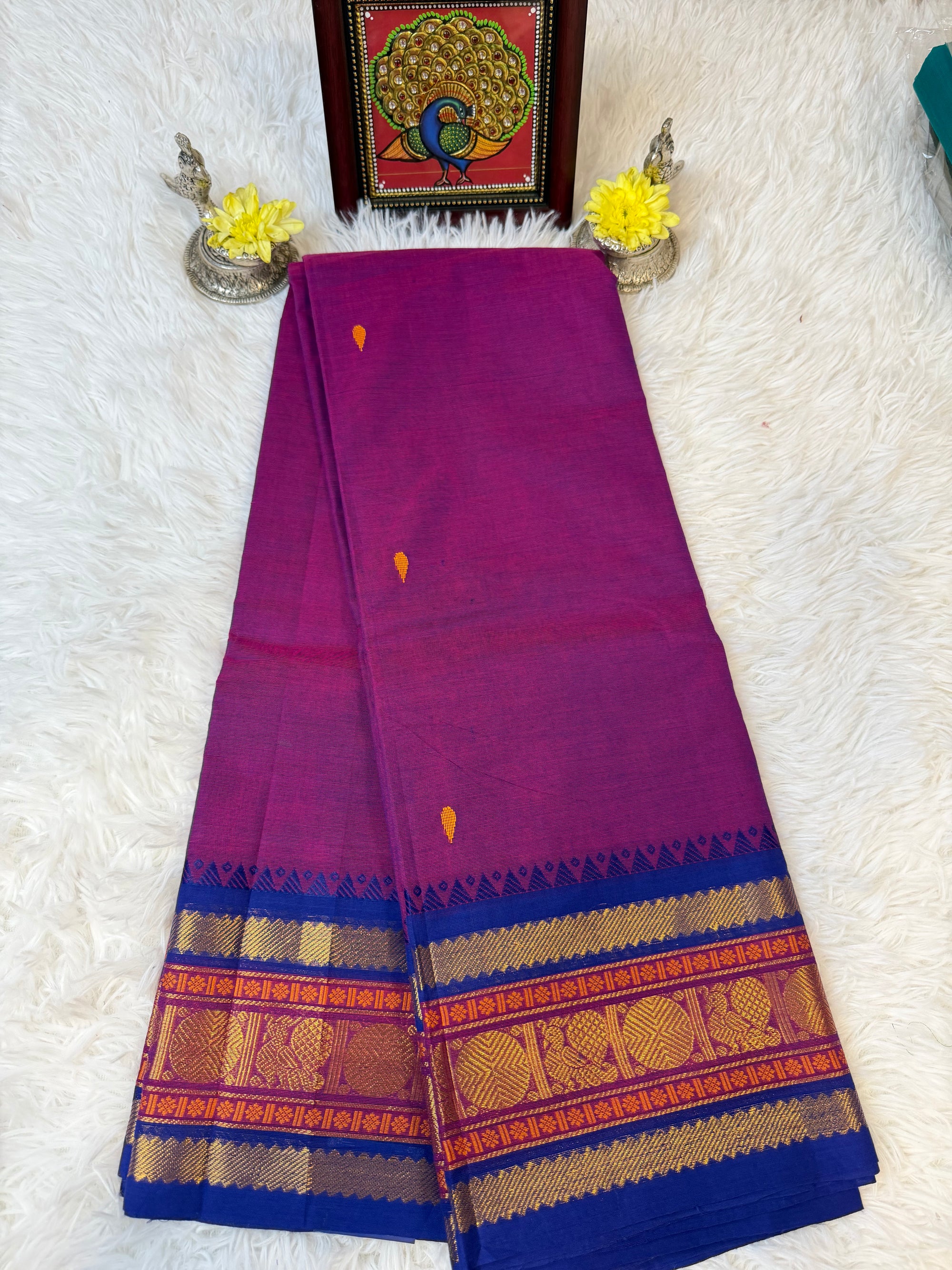 100 Counts Violet-Rose Dual Tone Kanchi Cotton Saree w Small Butta
