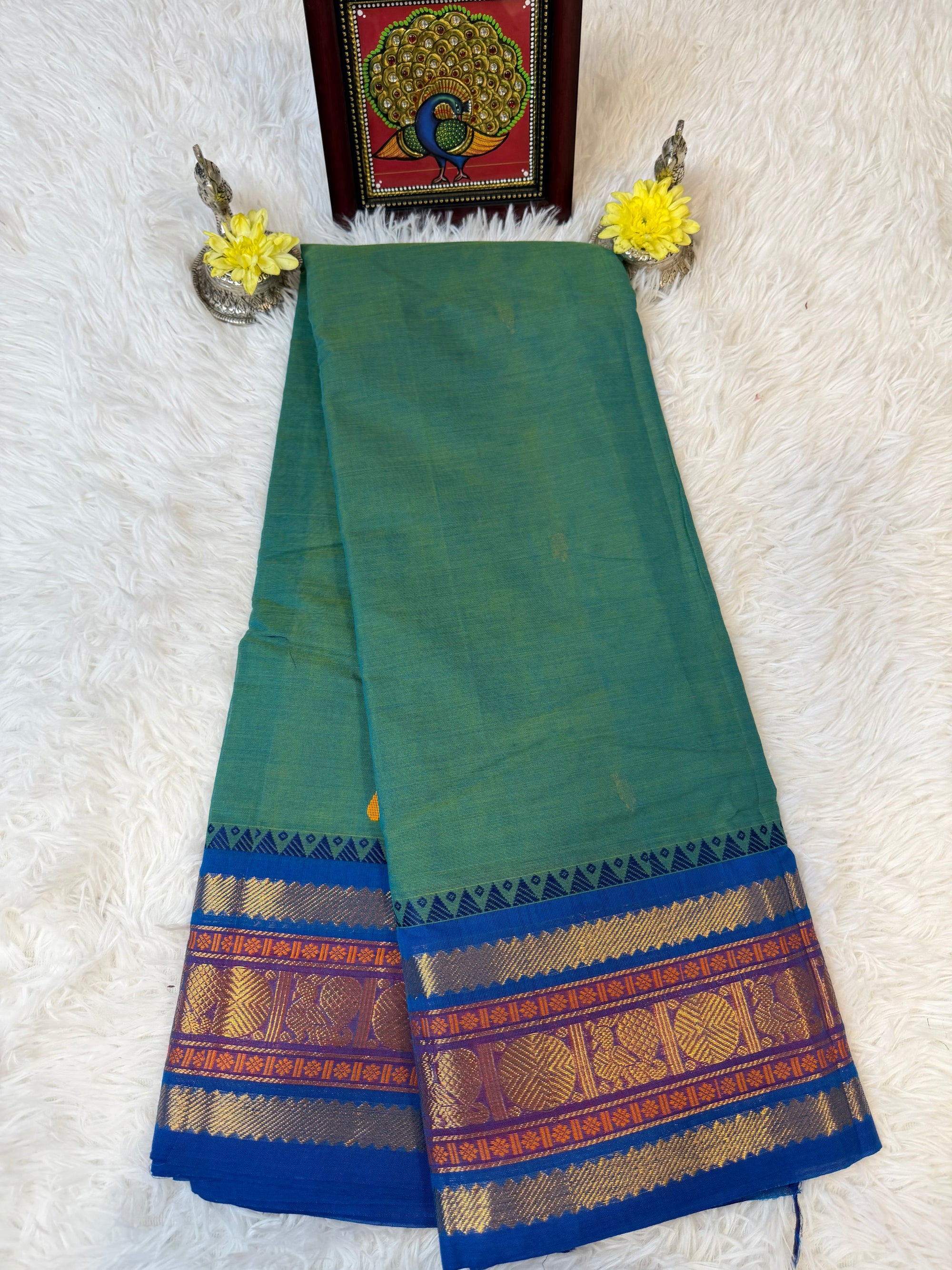 100 Count Parrot Green Dual Tone Kanchi Cotton Saree w Blue Peacock Border