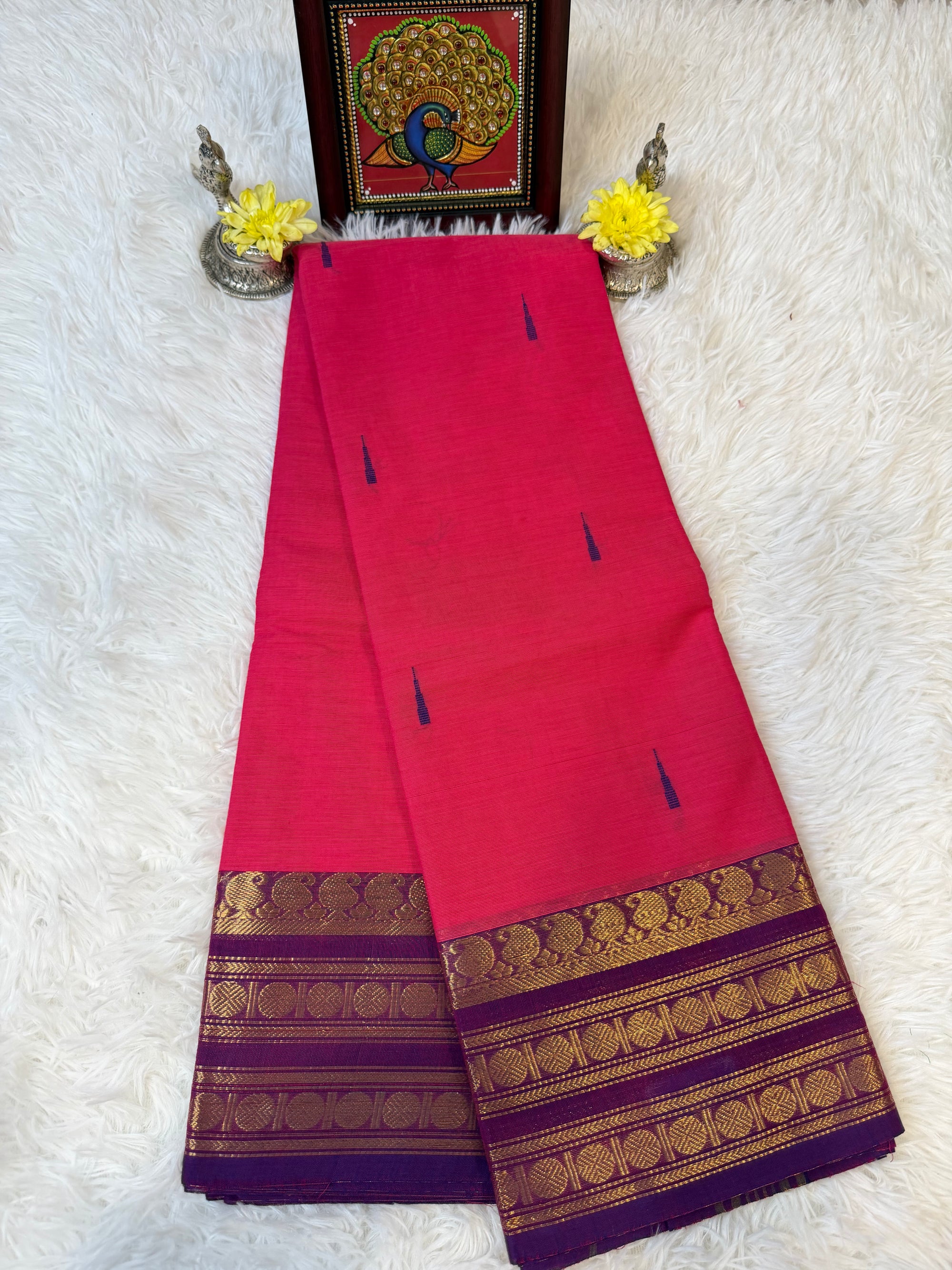 100 Count Berry Pink Kanchi Cotton Saree w Small Butta Design