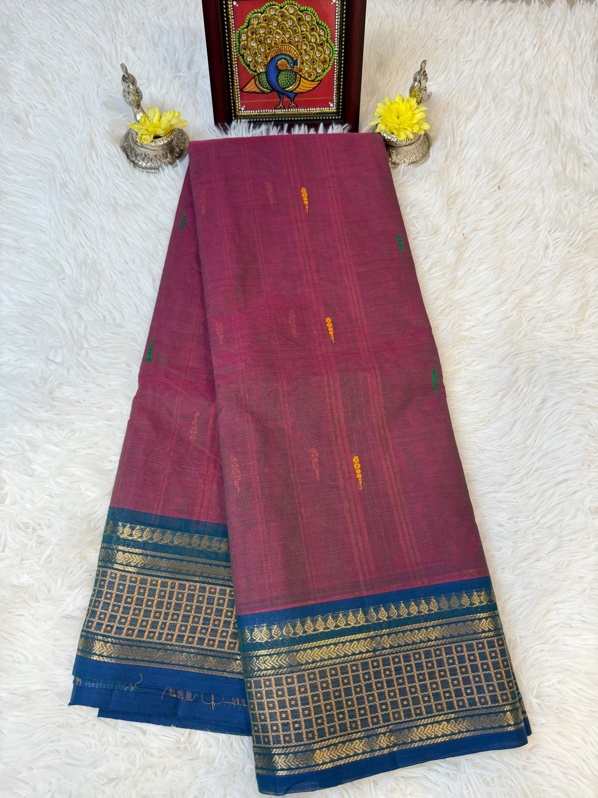 100 Count Wine Purple Kanchi Cotton Saree w Small Butta Design