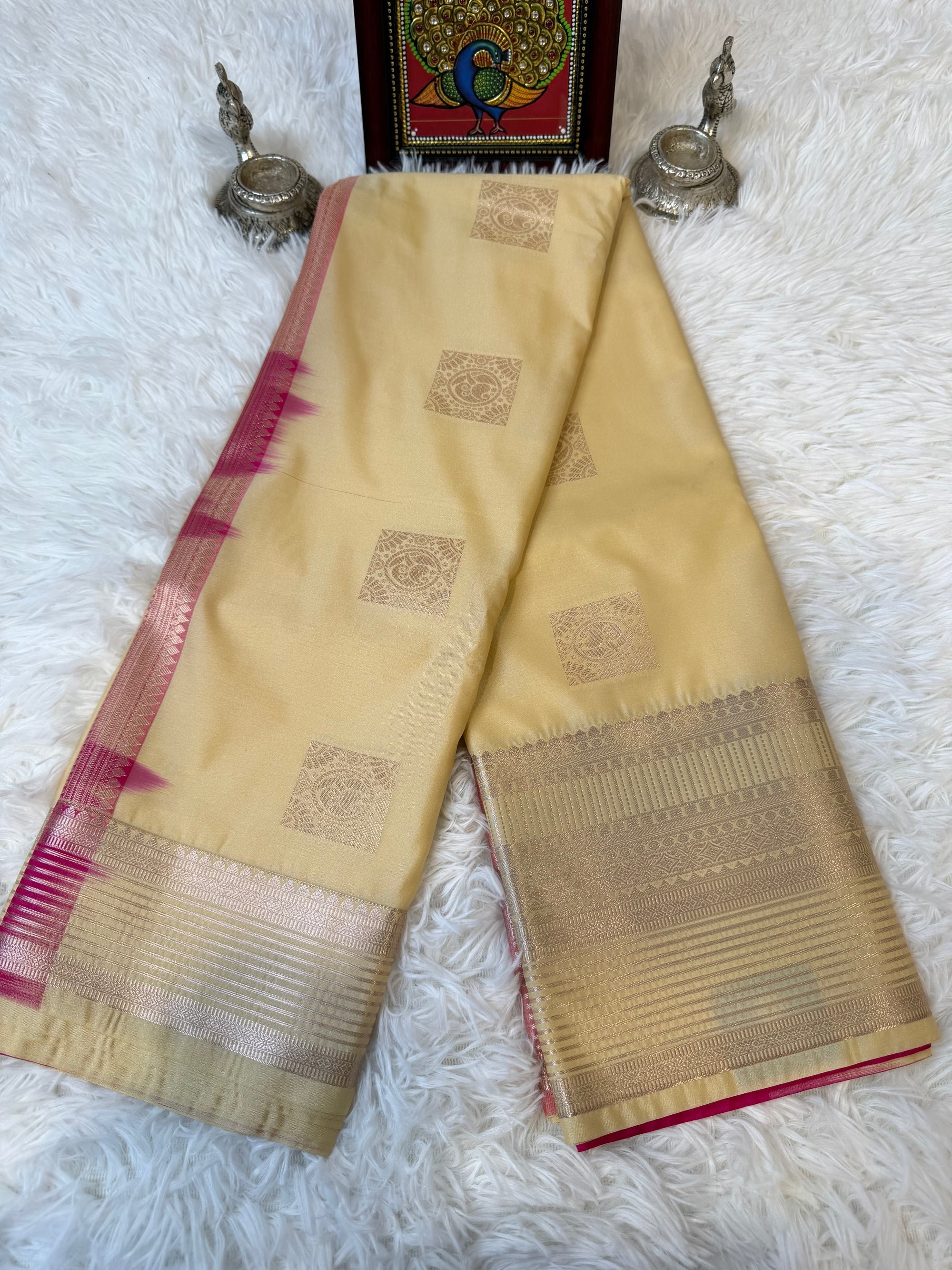 Buttermilk Yellow Semi Kanchi Saree with Silver Zari & Hot Pink Pallu