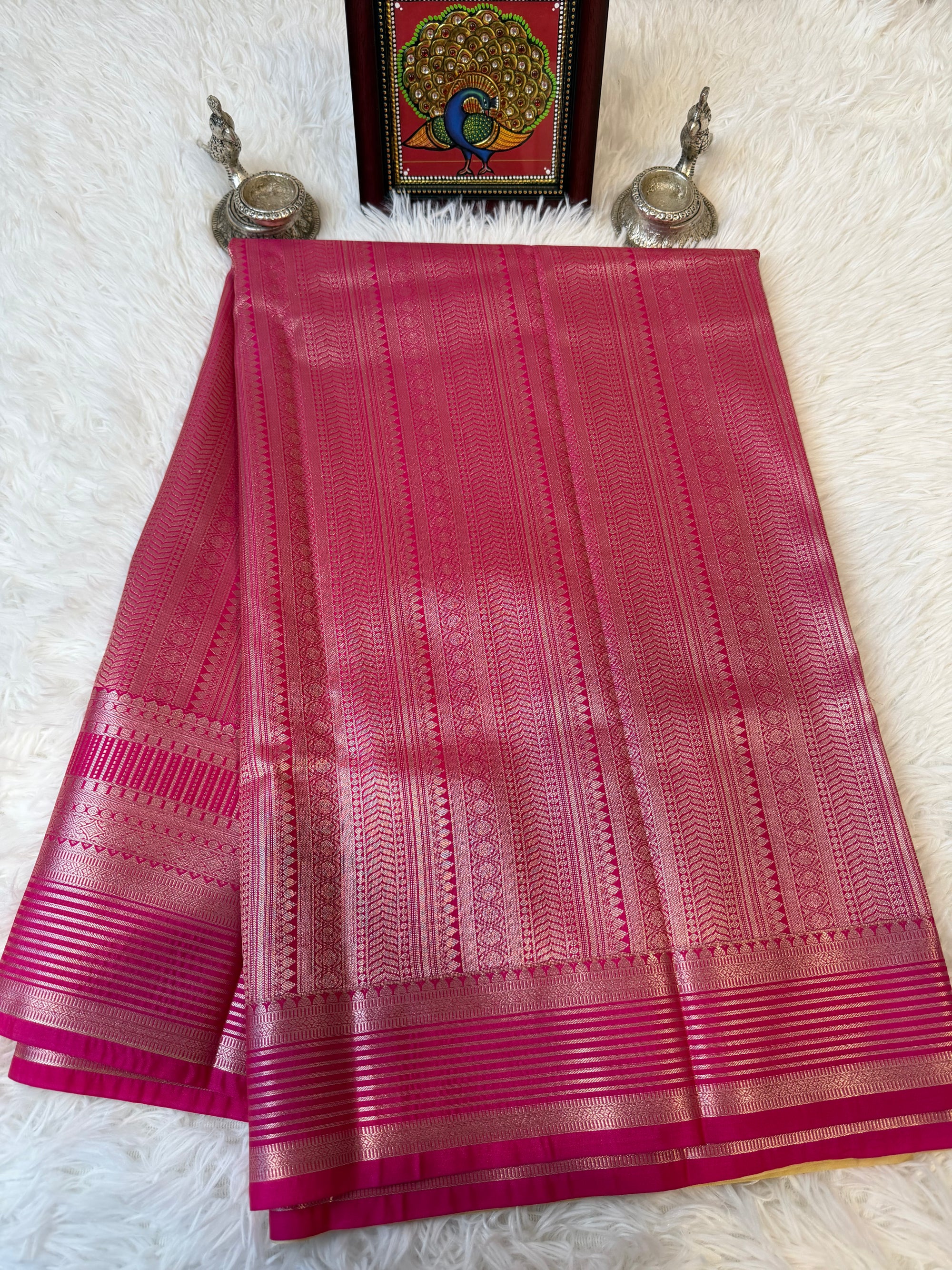 Buttermilk Yellow Semi Kanchi Saree with Silver Zari & Hot Pink Pallu