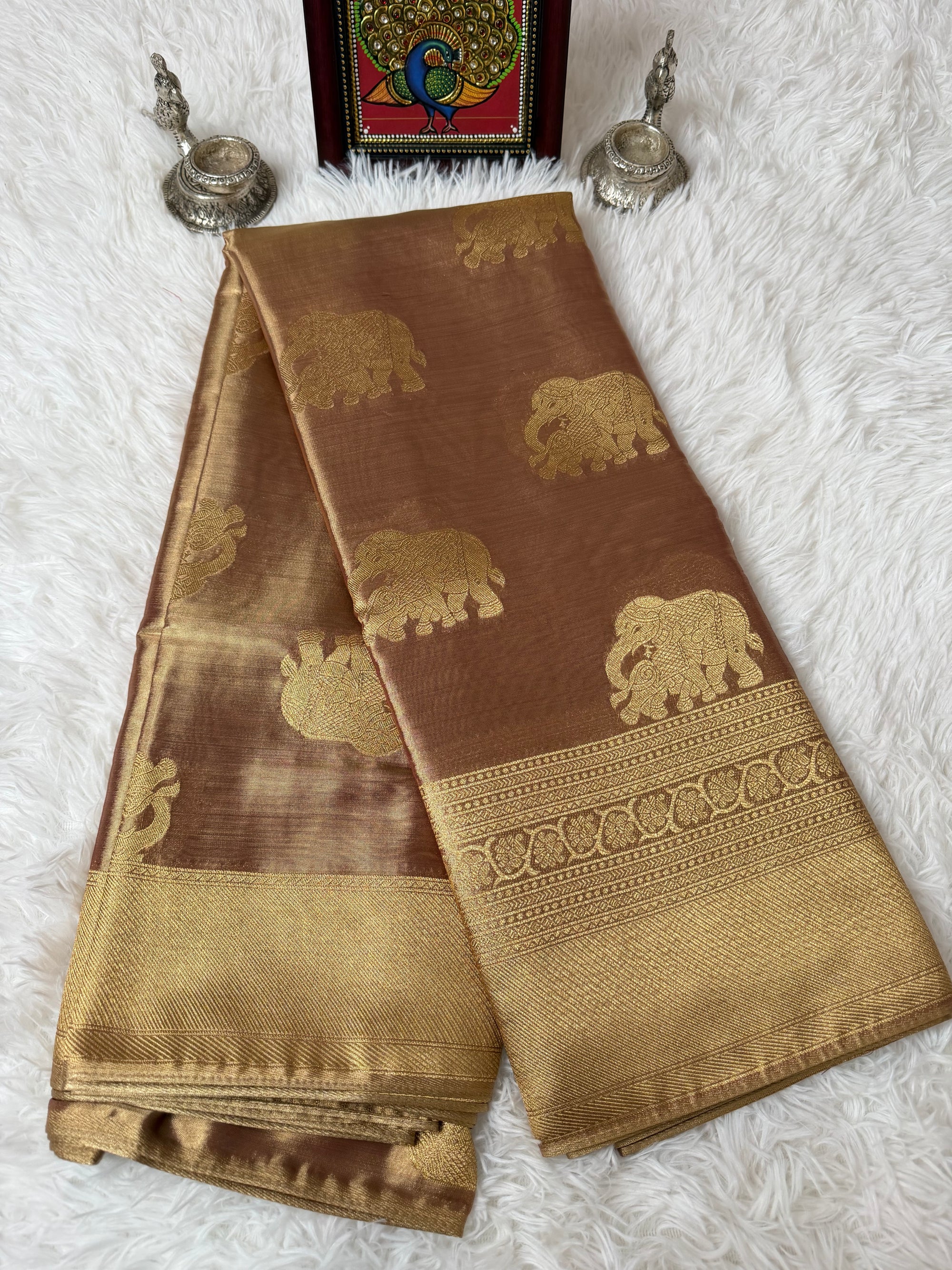 Gold Tissue Saree with Full Zari & Elephant Butta Design