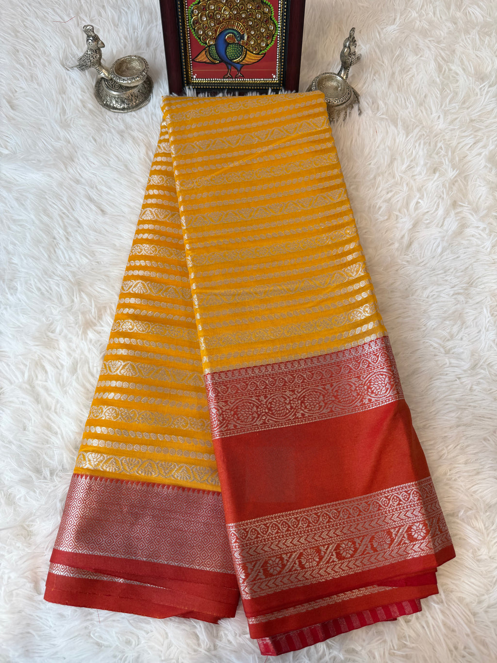 Mango Yellow Fancy Saree With Silver Zari & Red Striped Pallu Design