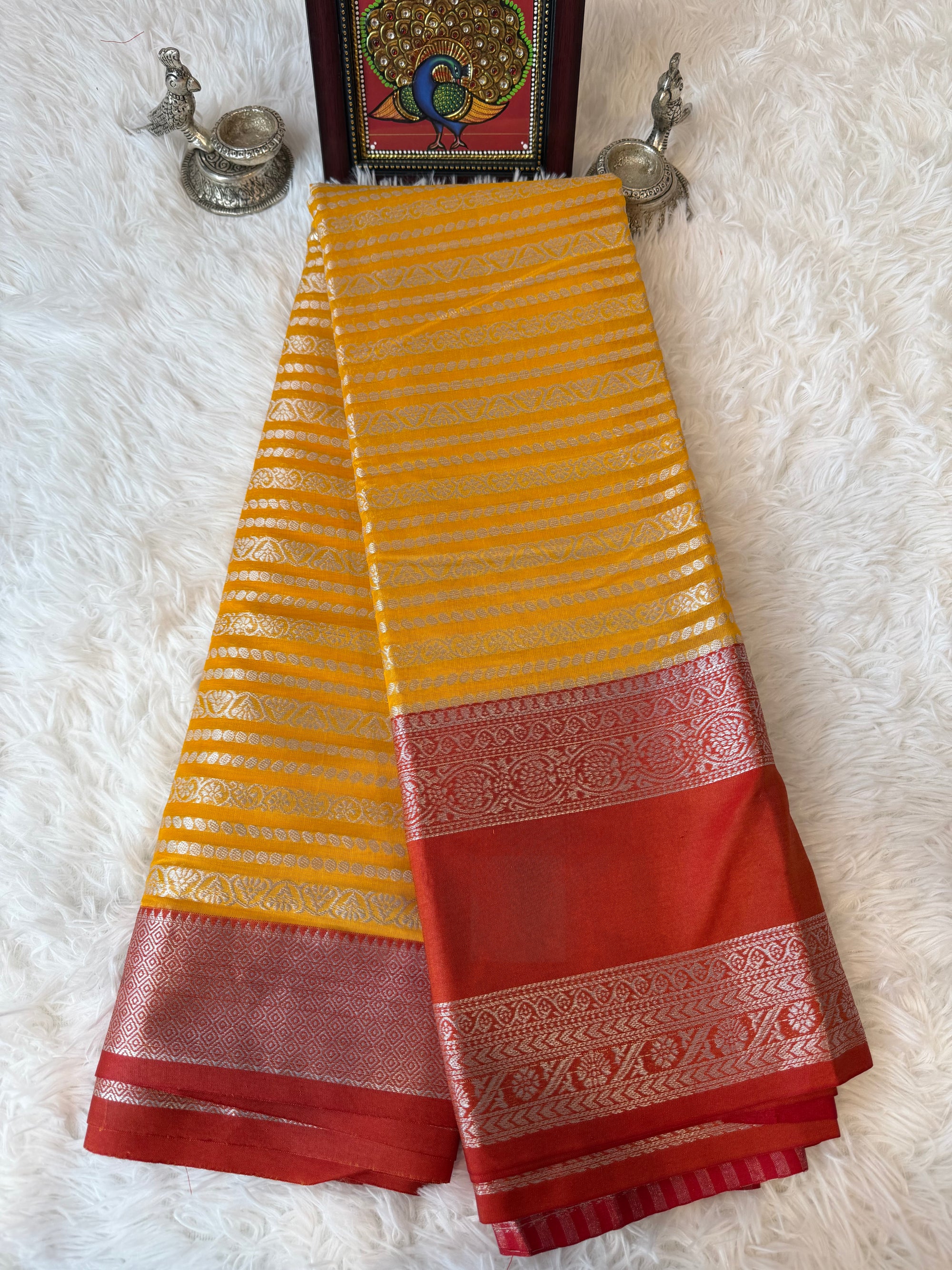 Mango Yellow Fancy Saree With Silver Zari & Red Striped Pallu Design