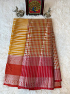 Mango Yellow Fancy Saree With Silver Zari & Red Striped Pallu Design