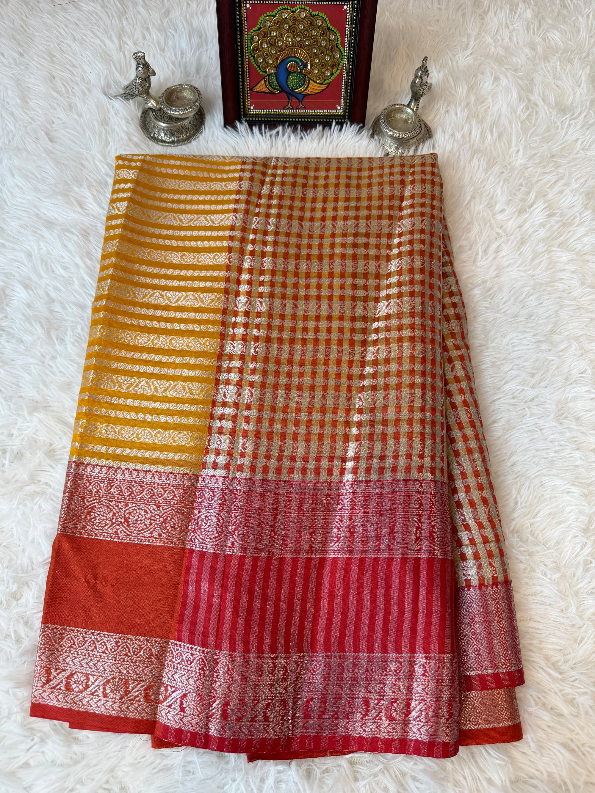 Mango Yellow Fancy Saree With Silver Zari & Red Striped Pallu Design