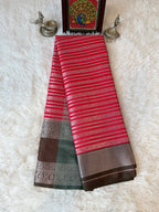 Chili Red Fancy Saree With Silver Zari & Coffee Brown Striped Pallu Design
