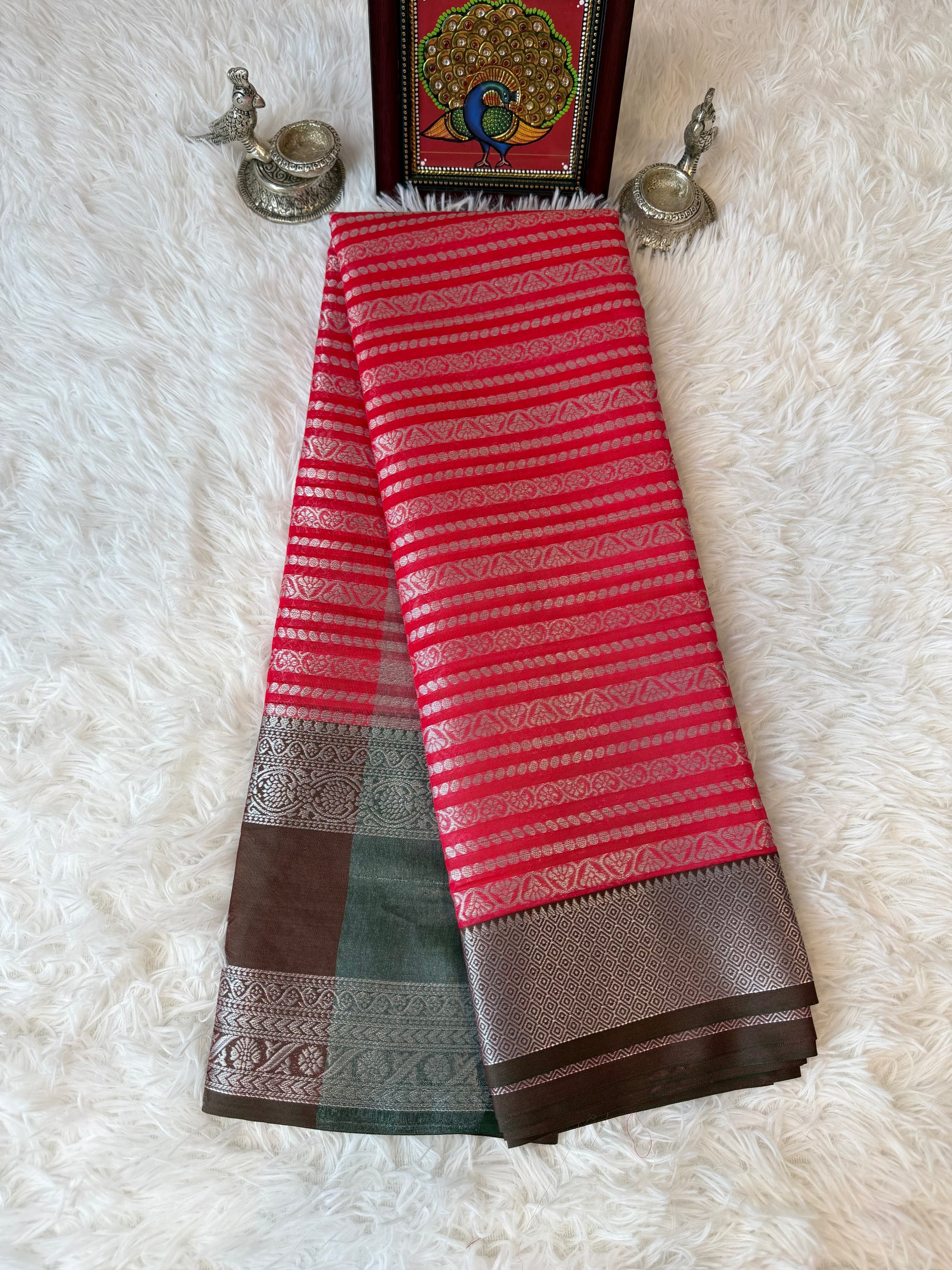 Chili Red Fancy Saree With Silver Zari & Coffee Brown Striped Pallu Design