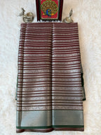 Chili Red Fancy Saree With Silver Zari & Coffee Brown Striped Pallu Design