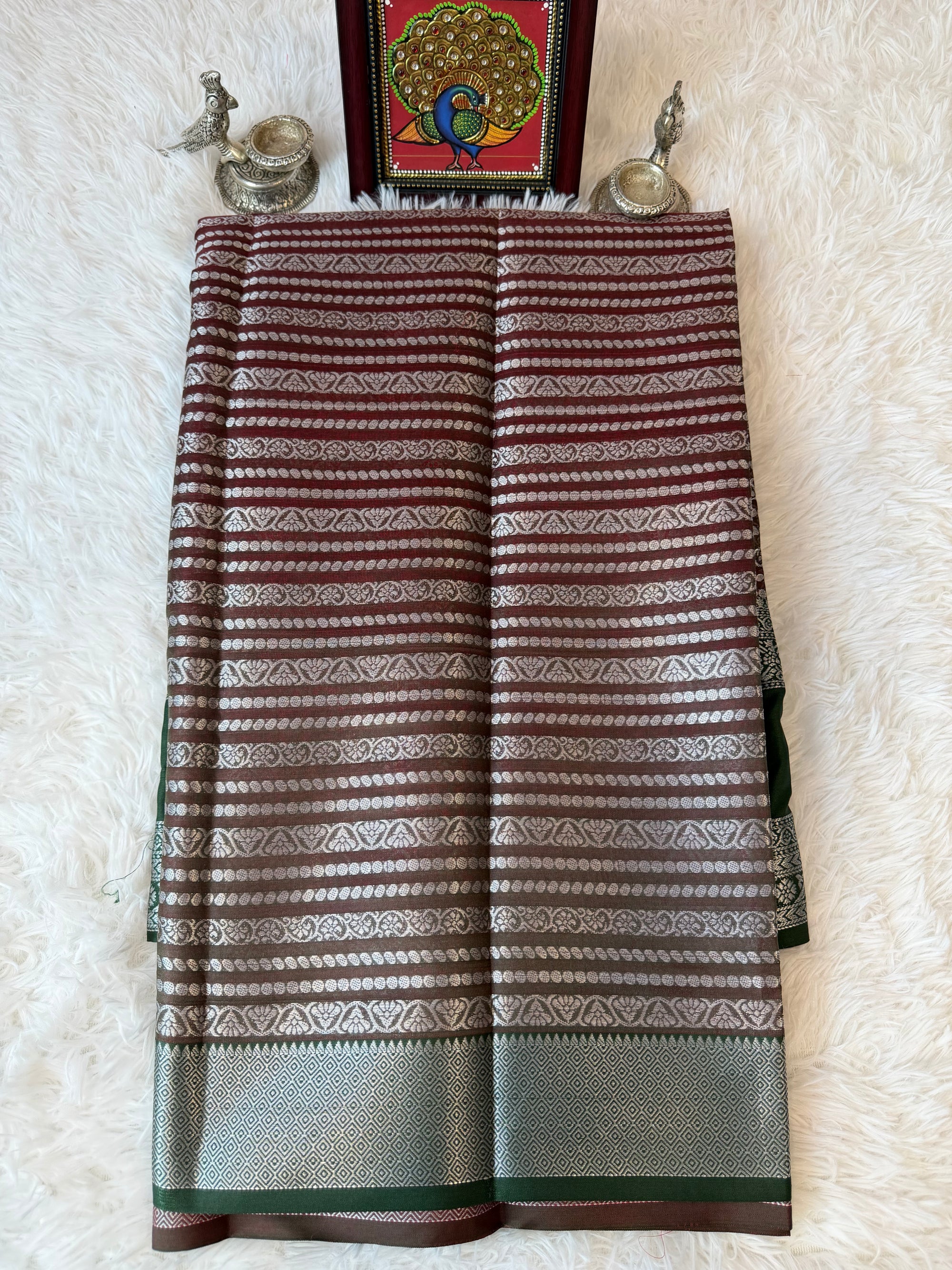 Chili Red Fancy Saree With Silver Zari & Coffee Brown Striped Pallu Design