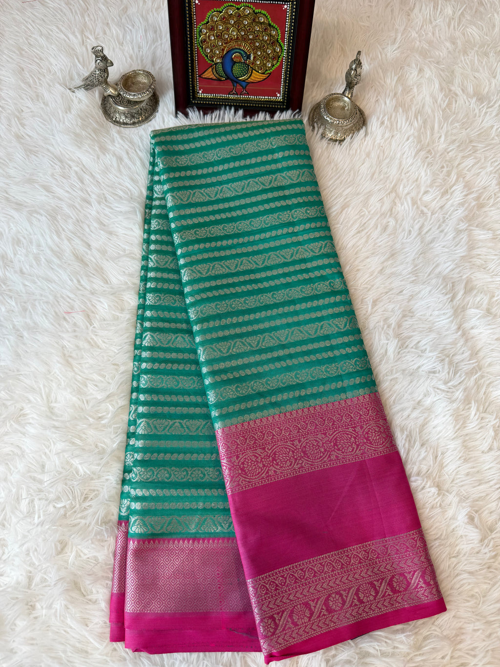 Green Fancy Saree With Silver Zari & Hot Pink Striped Pallu Design