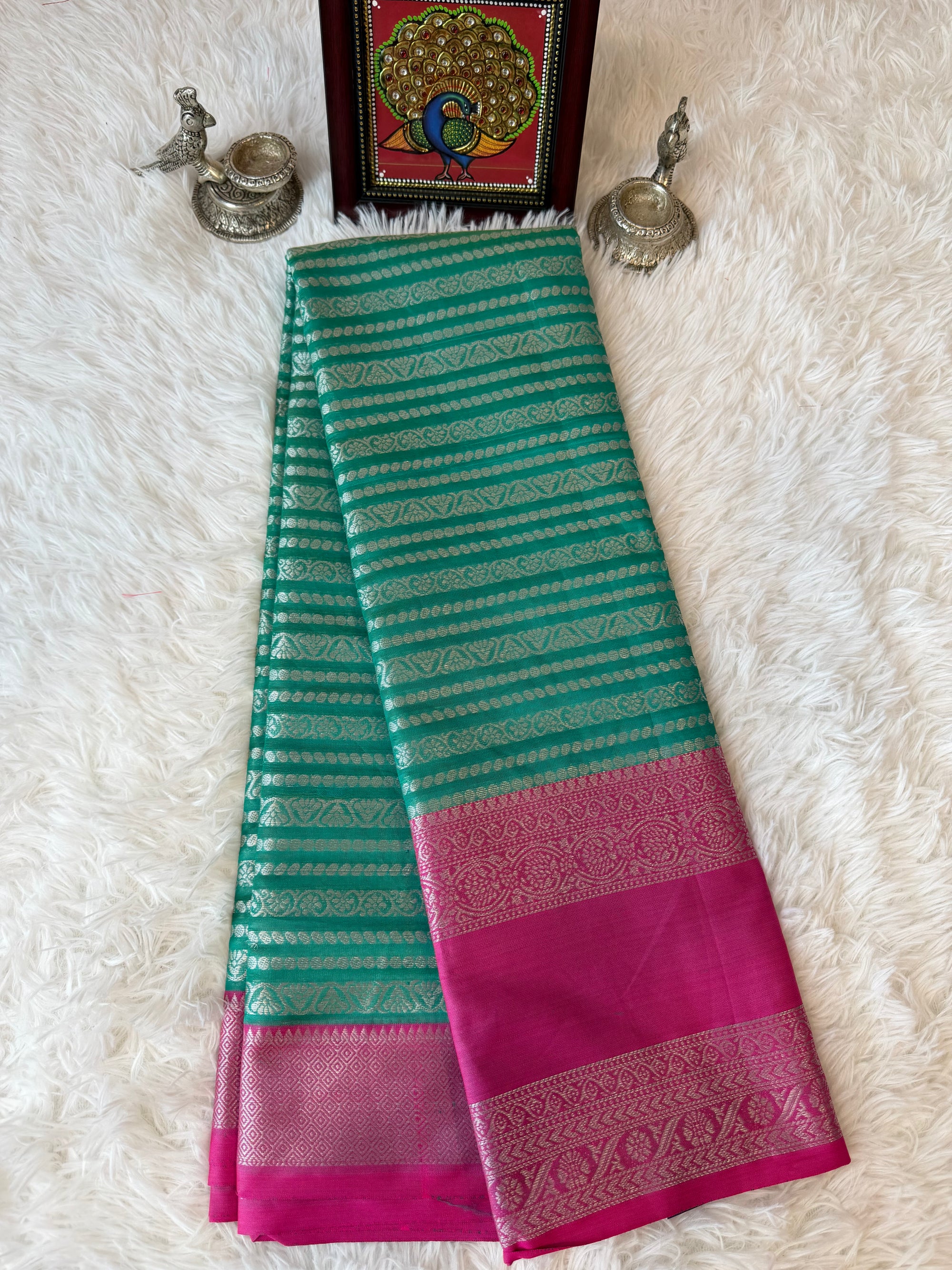 Green Fancy Saree With Silver Zari & Hot Pink Striped Pallu Design