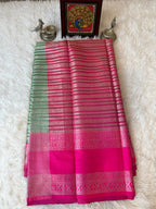 Green Fancy Saree With Silver Zari & Hot Pink Striped Pallu Design