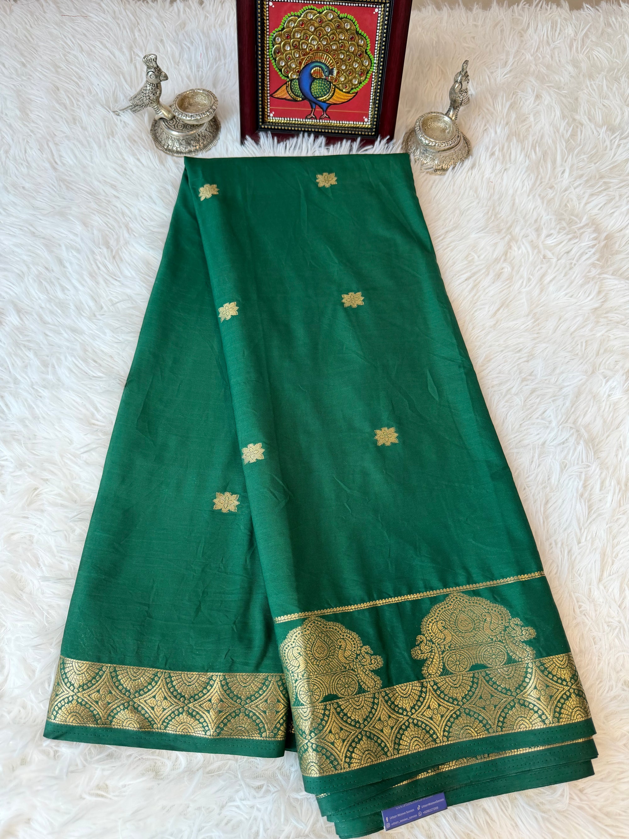 Bottle Green Fancy Saree With Gold Zari & Small Flower Butta Design