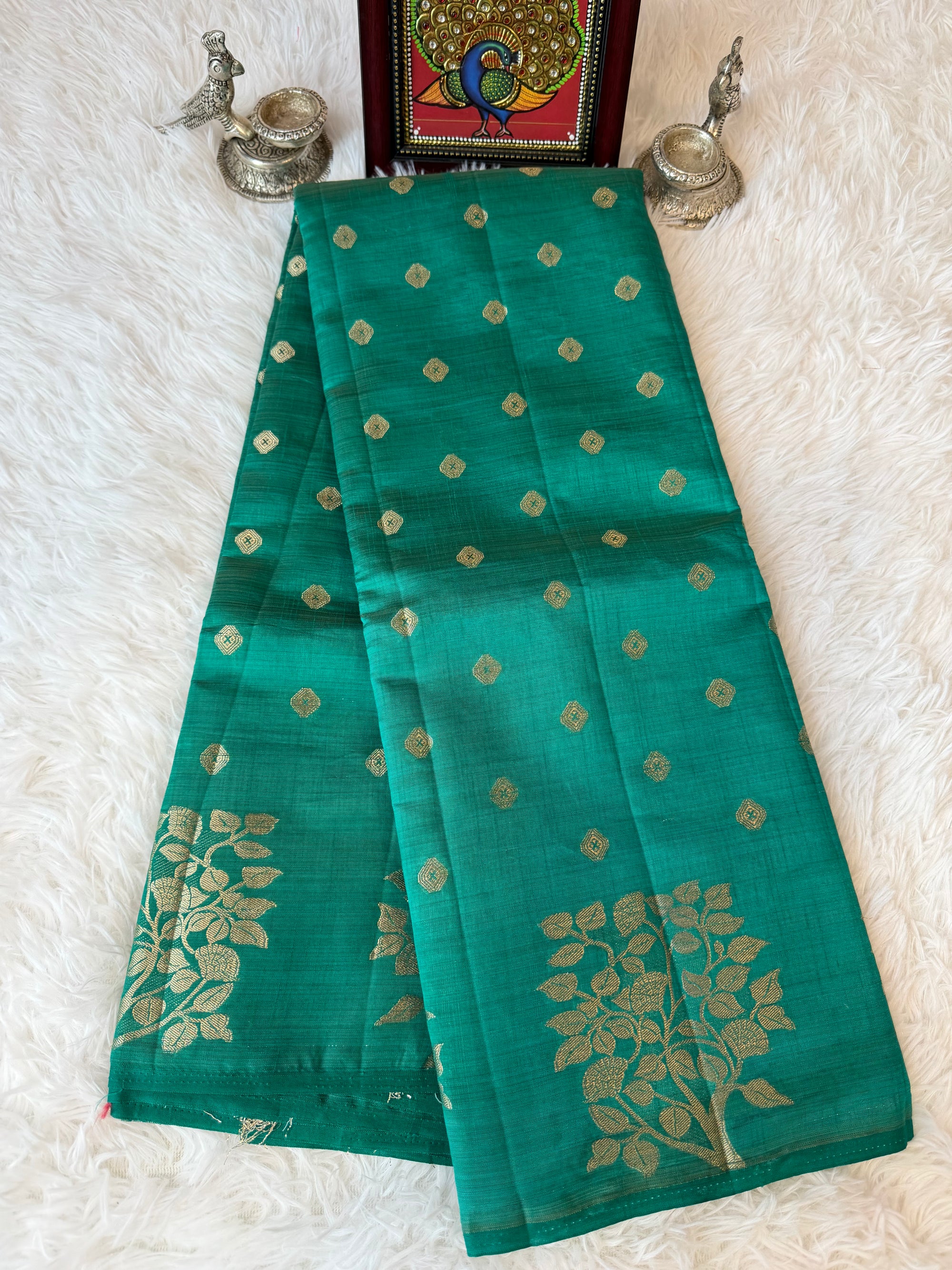 Emerald Green Fancy Saree With Gold Zari & Small Butta Design