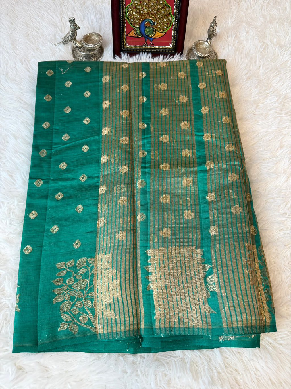 Emerald Green Fancy Saree With Gold Zari & Small Butta Design