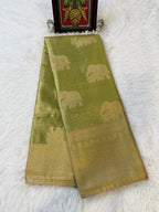 Lime Green Tissue Saree with Gold Zari & Elephant Butta Design
