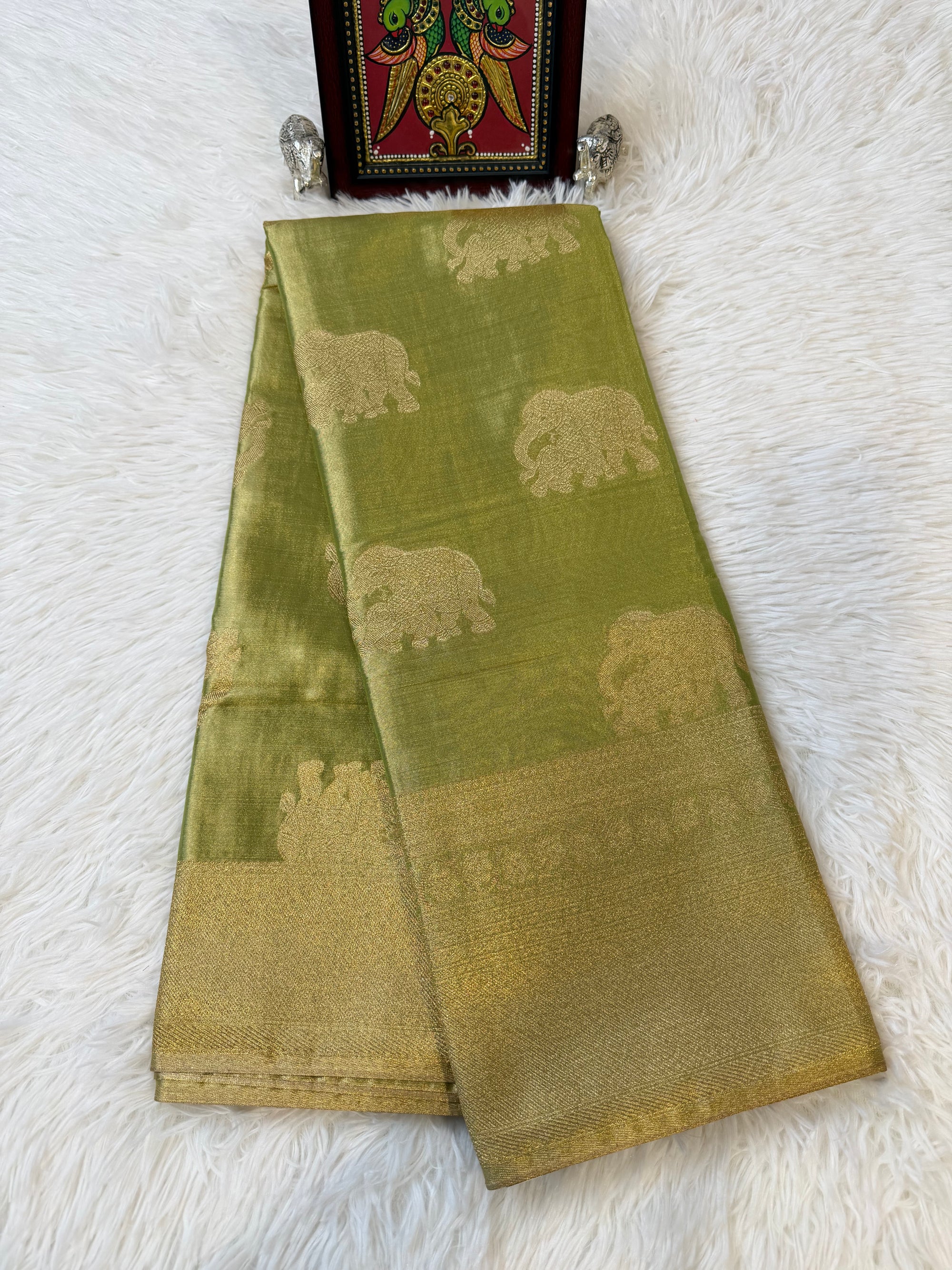 Lime Green Tissue Saree with Gold Zari & Elephant Butta Design