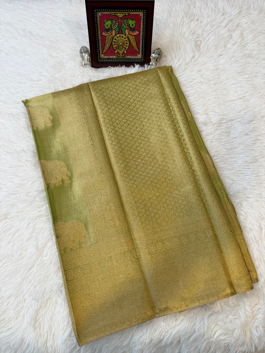 Lime Green Tissue Saree with Gold Zari & Elephant Butta Design