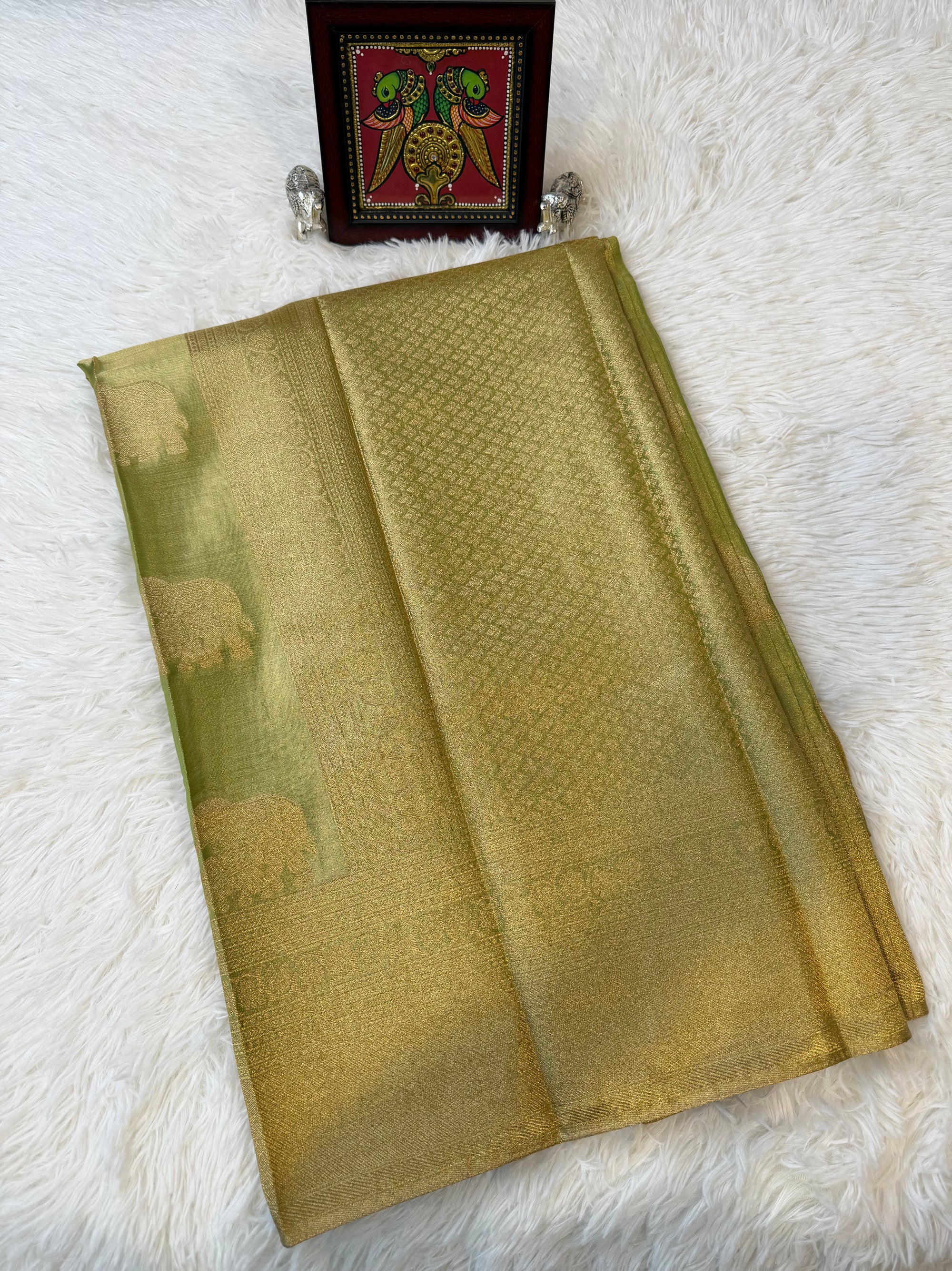 Lime Green Tissue Saree with Gold Zari & Elephant Butta Design