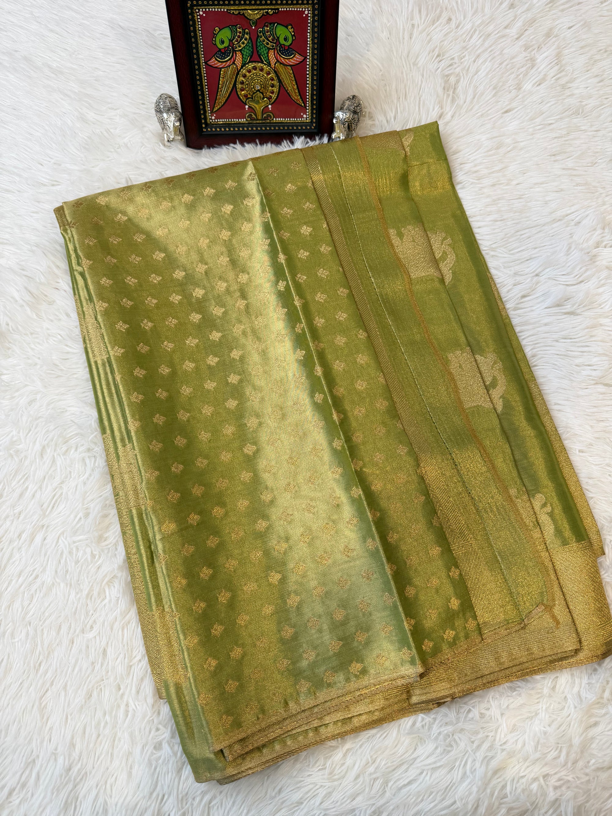 Lime Green Tissue Saree with Gold Zari & Elephant Butta Design