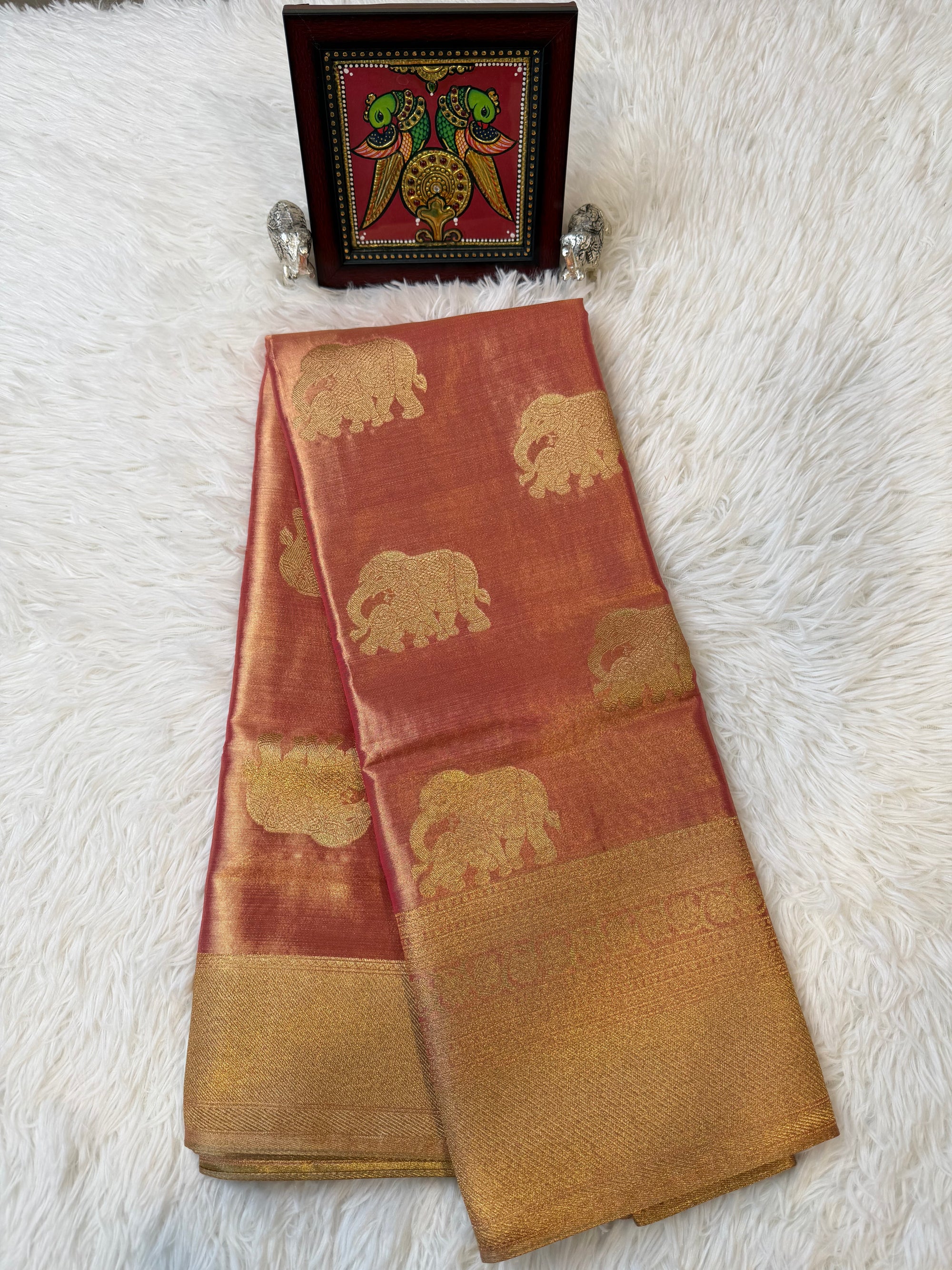 Rose Pink Tissue Saree with Gold Zari & Elephant Butta Design