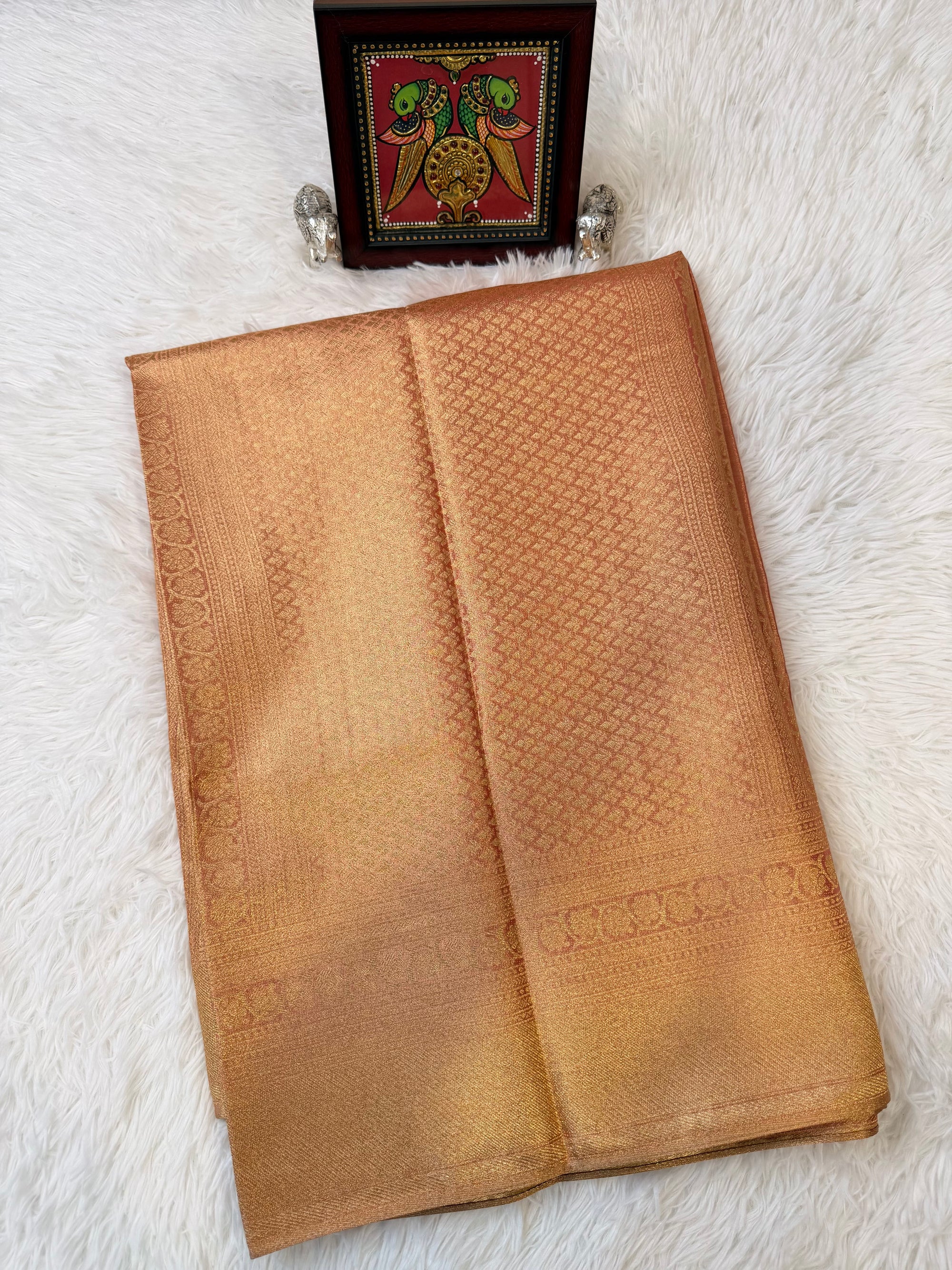 Rose Pink Tissue Saree with Gold Zari & Elephant Butta Design