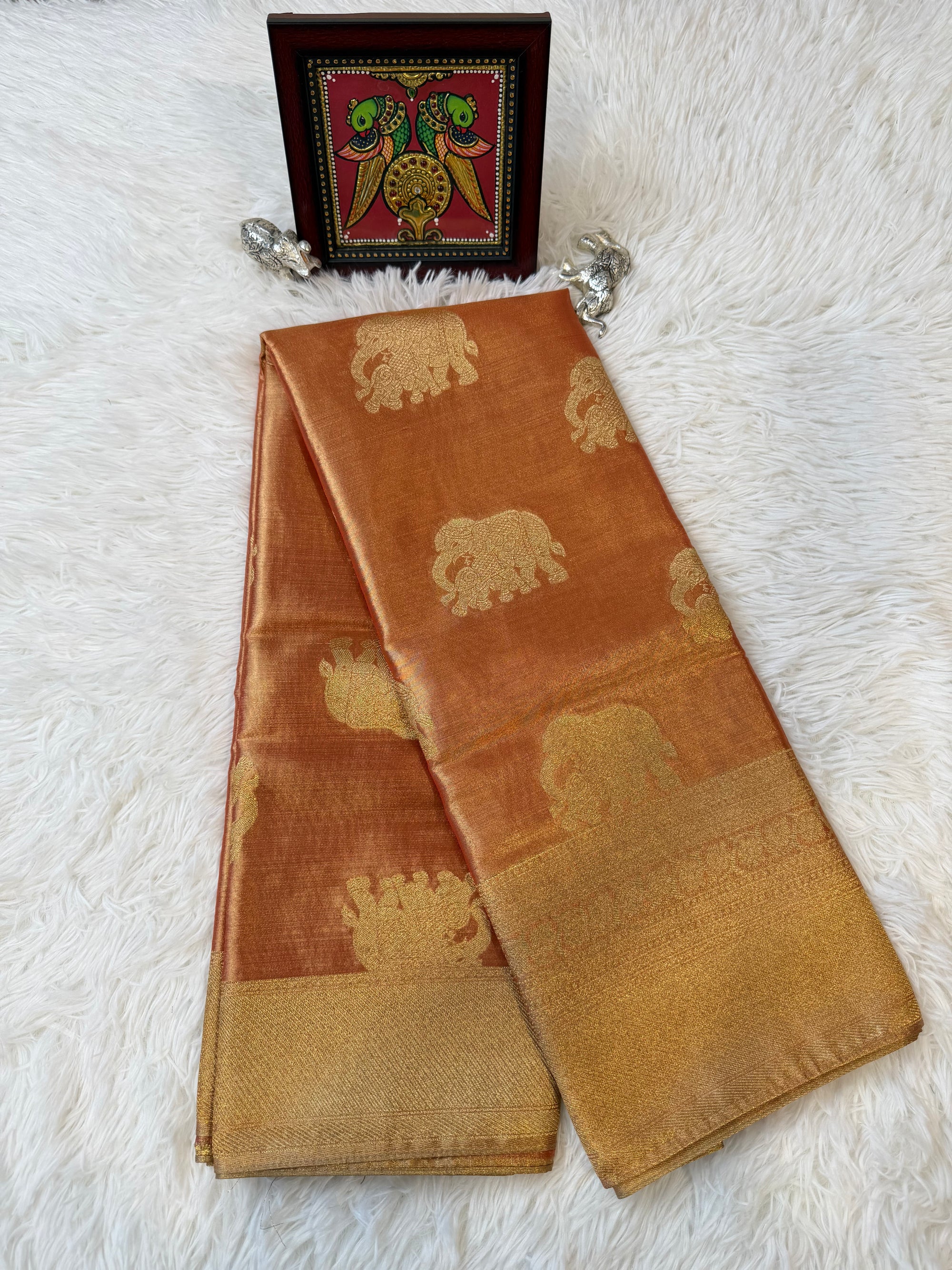 Rose Gold Tissue Saree with Gold Zari & Elephant Butta Design