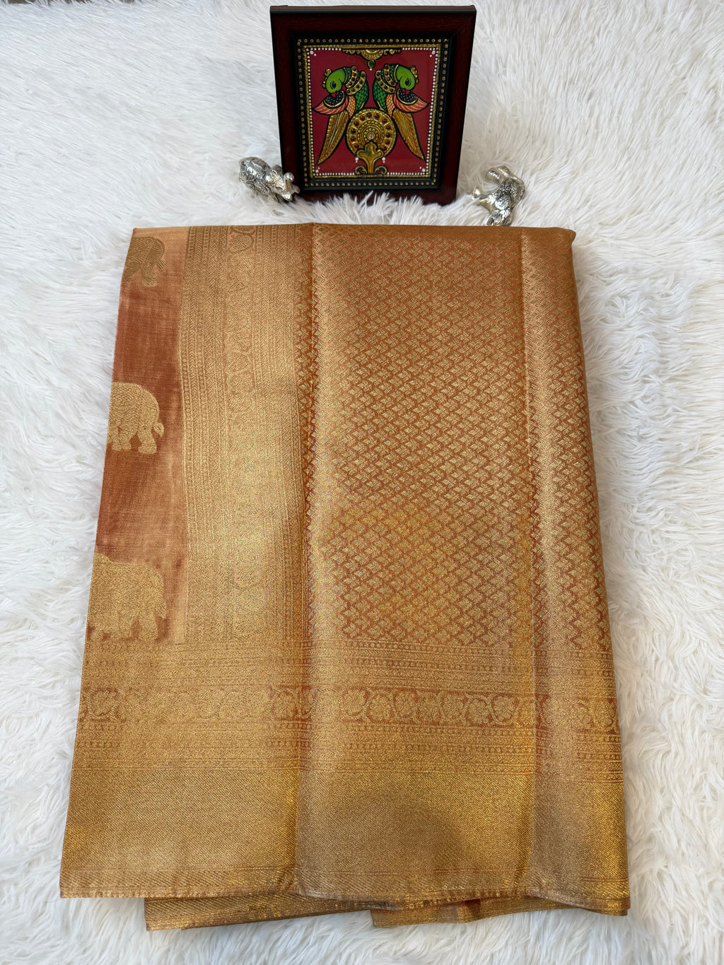 Rose Gold Tissue Saree with Gold Zari & Elephant Butta Design