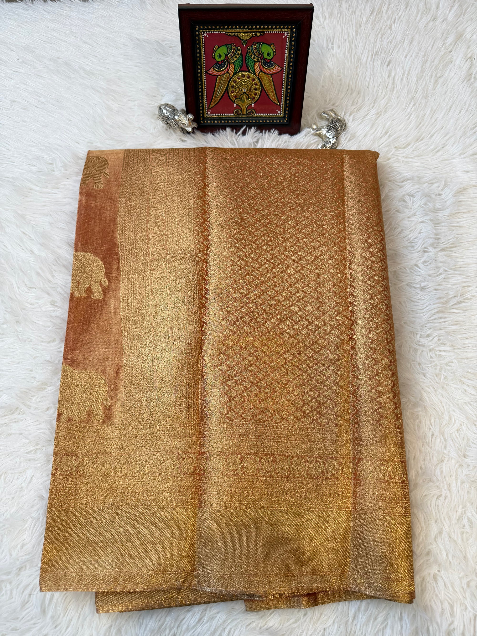 Rose Gold Tissue Saree with Gold Zari & Elephant Butta Design