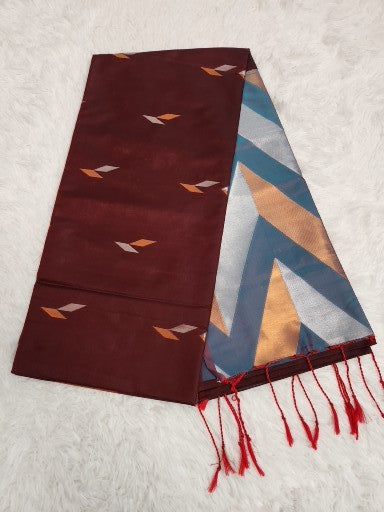 Dark Brown Soft Silk Saree with Copper Zari & Blue Pallu
