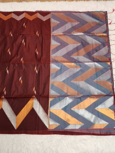 Dark Brown Soft Silk Saree with Copper Zari & Blue Pallu