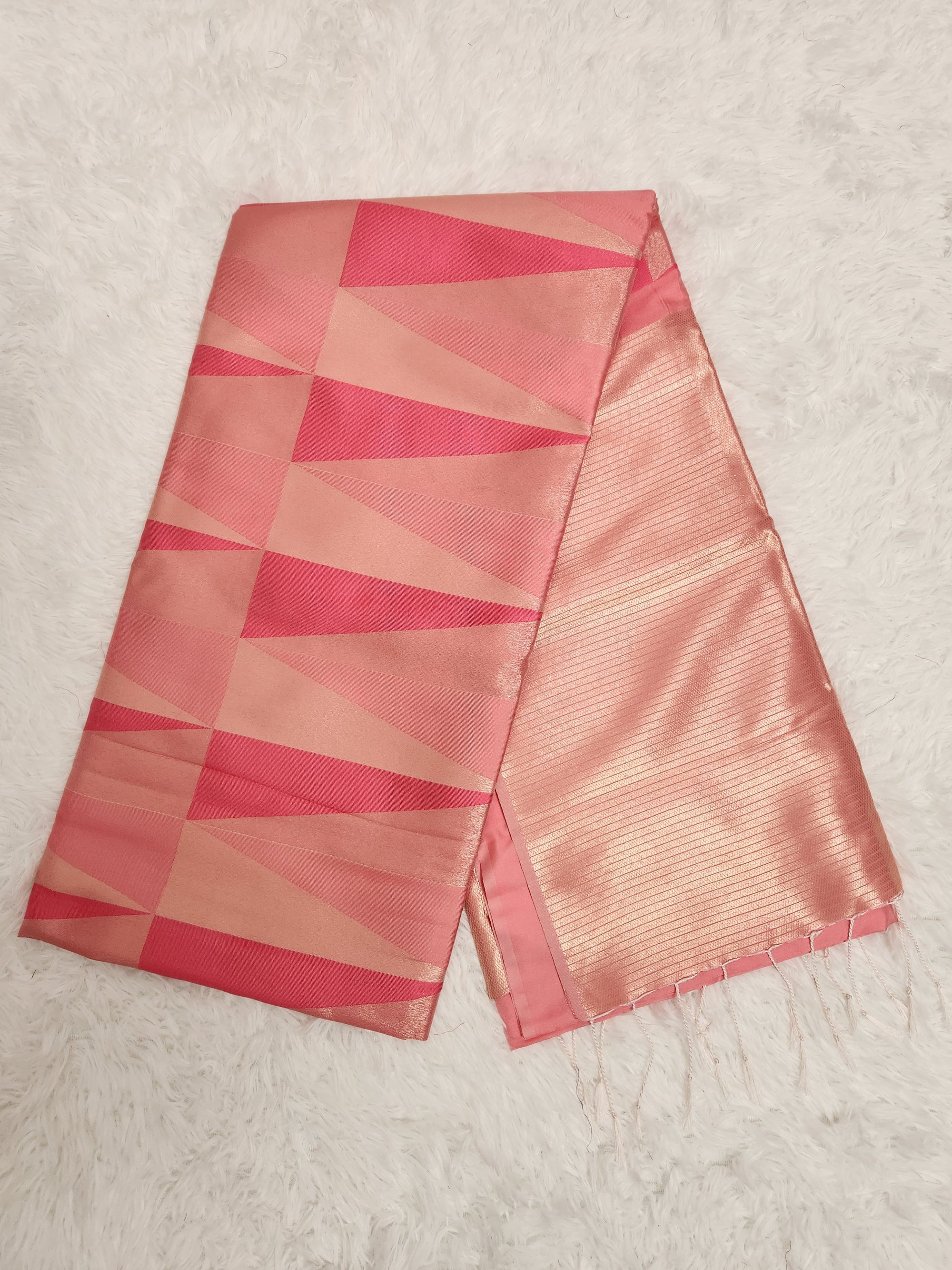 Baby Pink Soft Silk Saree with Gold Zari & Geometry Design