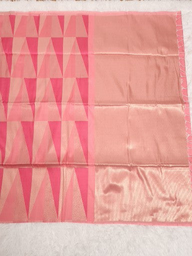 Baby Pink Soft Silk Saree with Gold Zari & Geometry Design