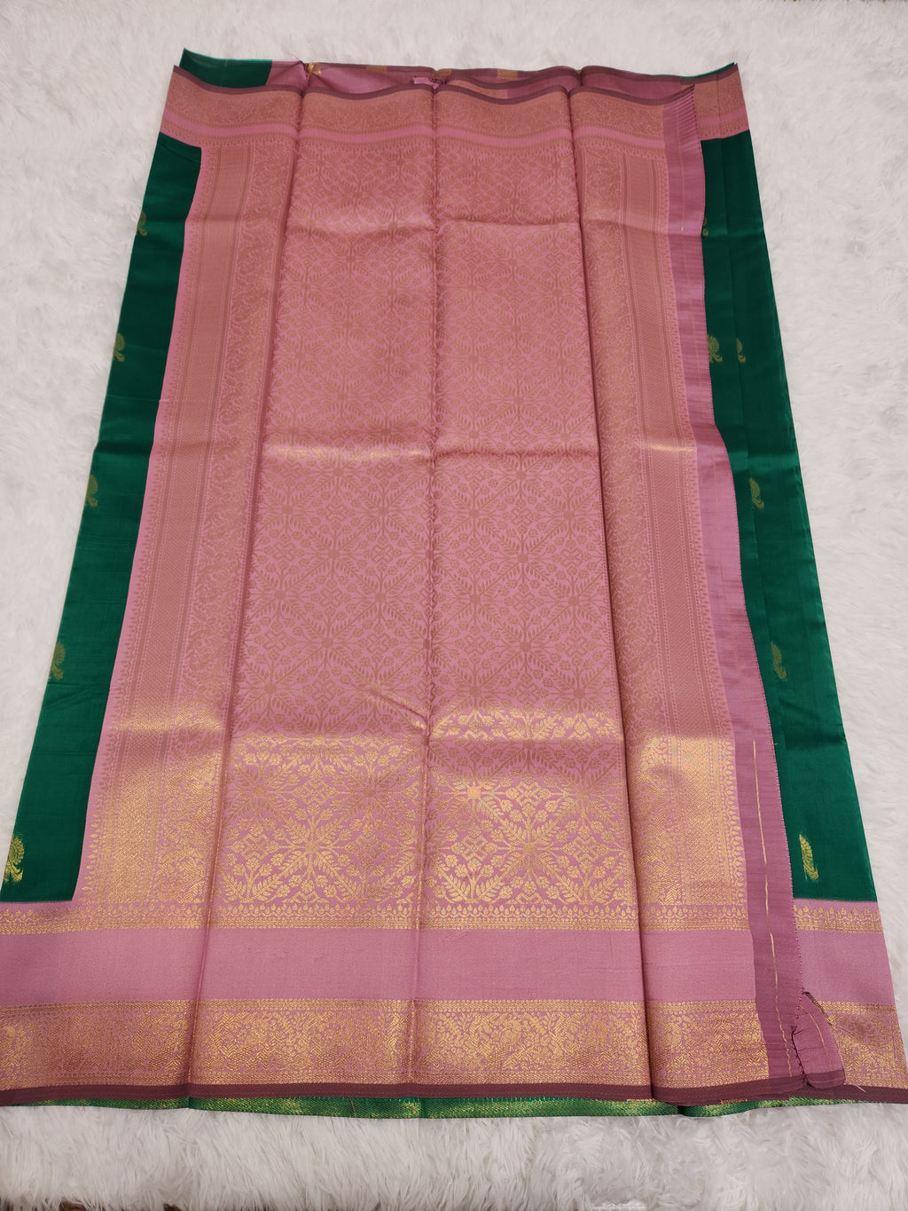 Green Soft Silk Saree with Copper Zari & Baby Pink Pallu Design