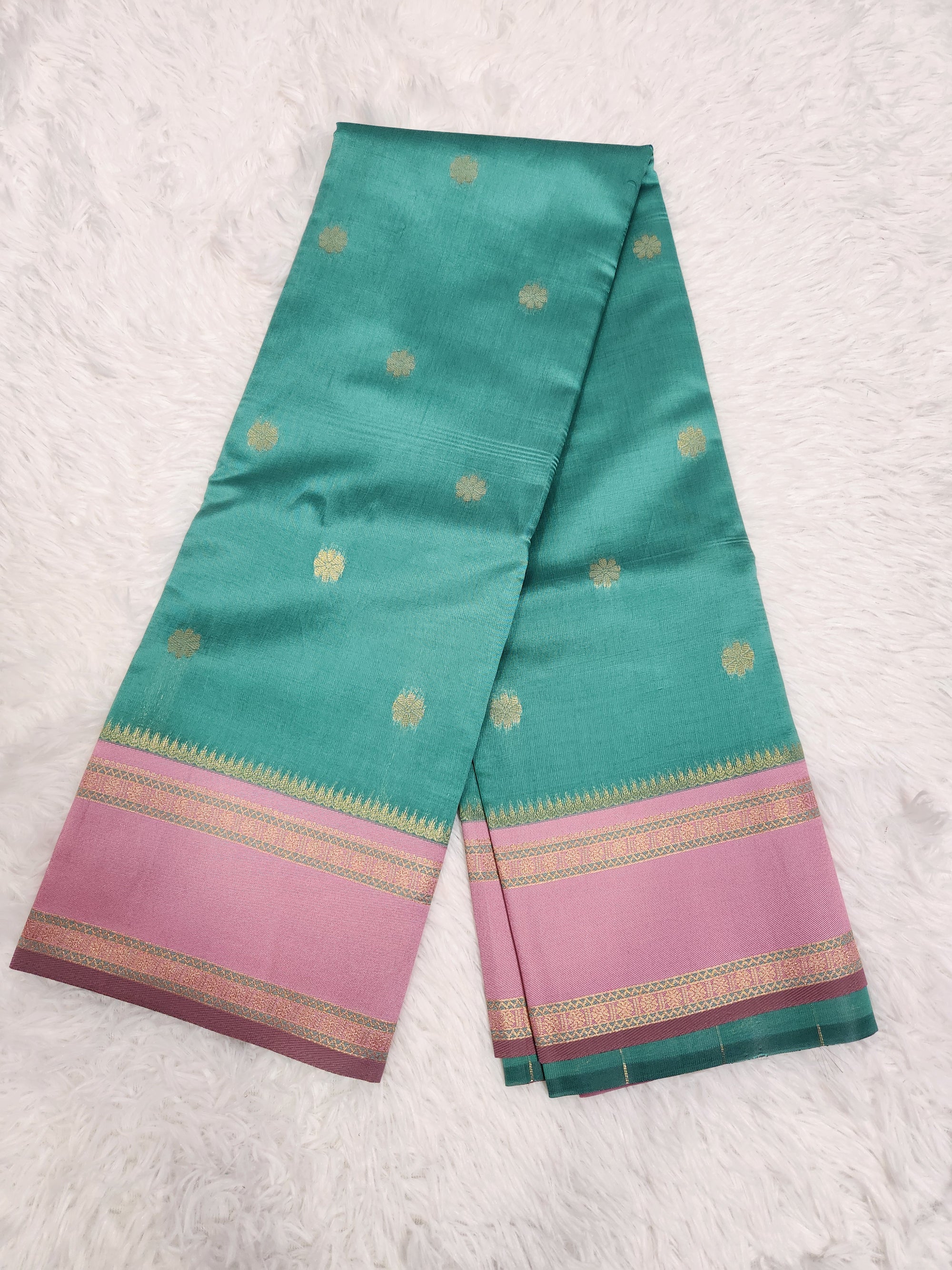Light Green Soft Silk Saree with Copper Zari & Light Pink Pallu Design