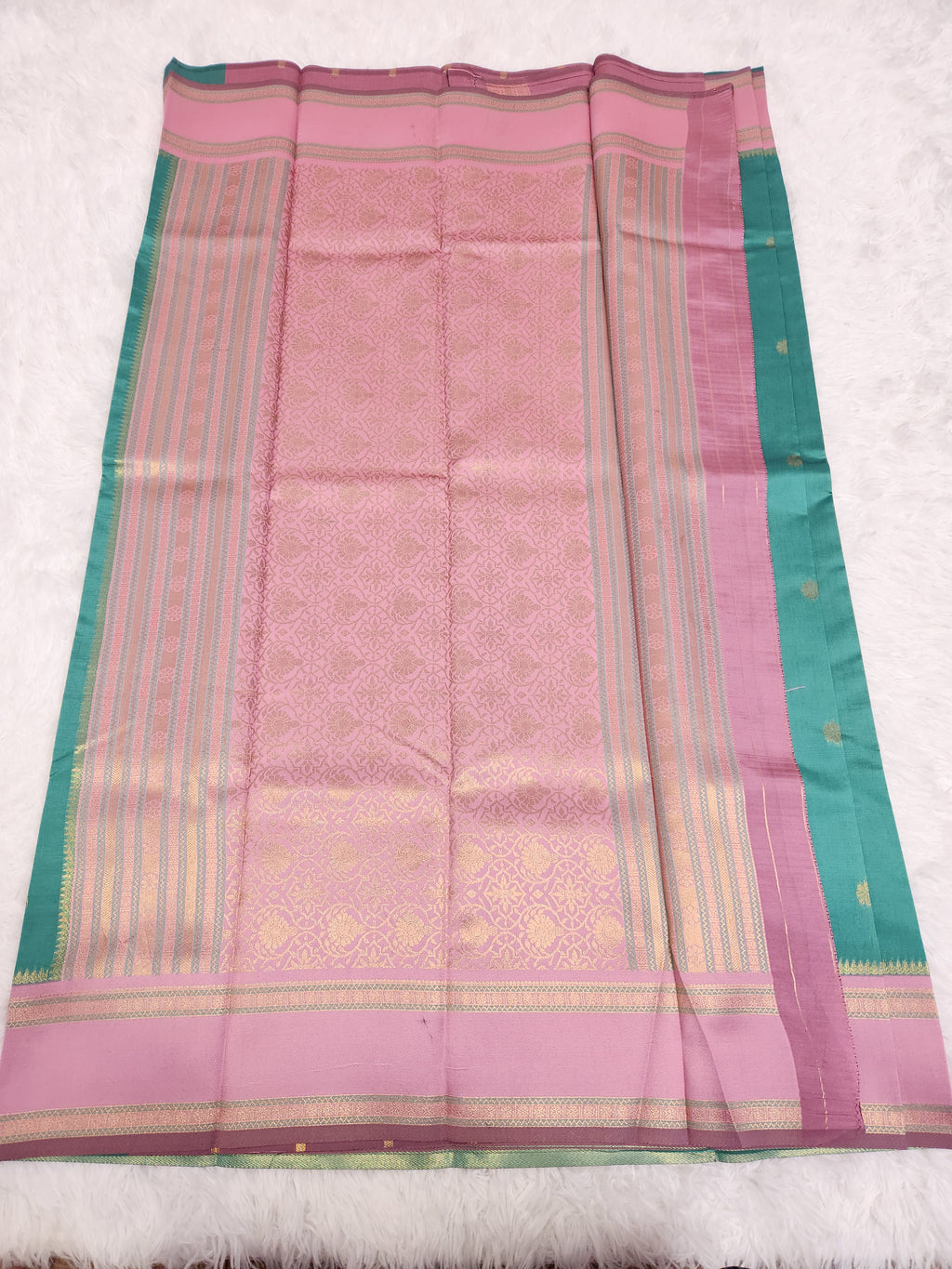 Light Green Soft Silk Saree with Copper Zari & Light Pink Pallu Design