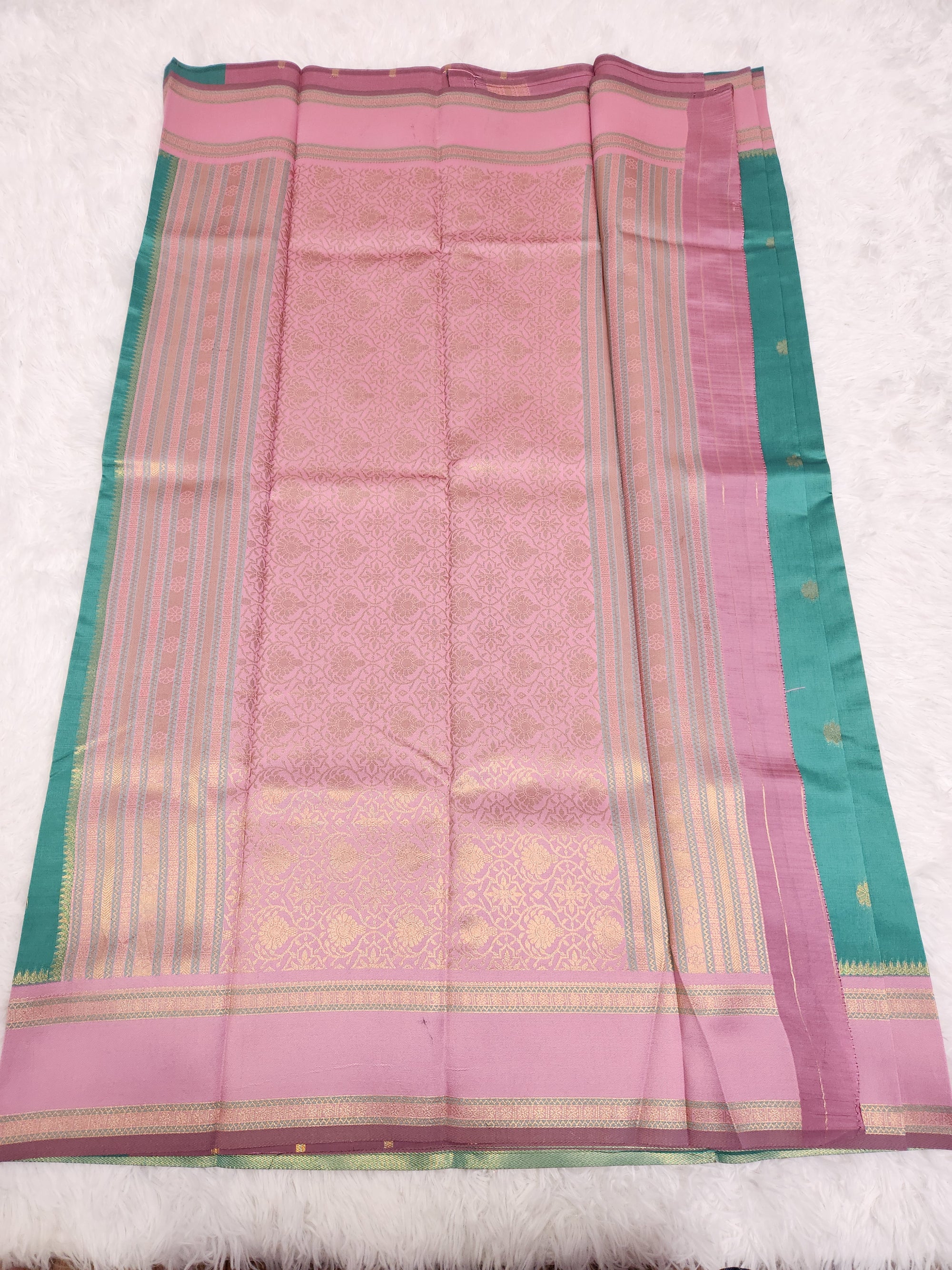Light Green Soft Silk Saree with Copper Zari & Light Pink Pallu Design