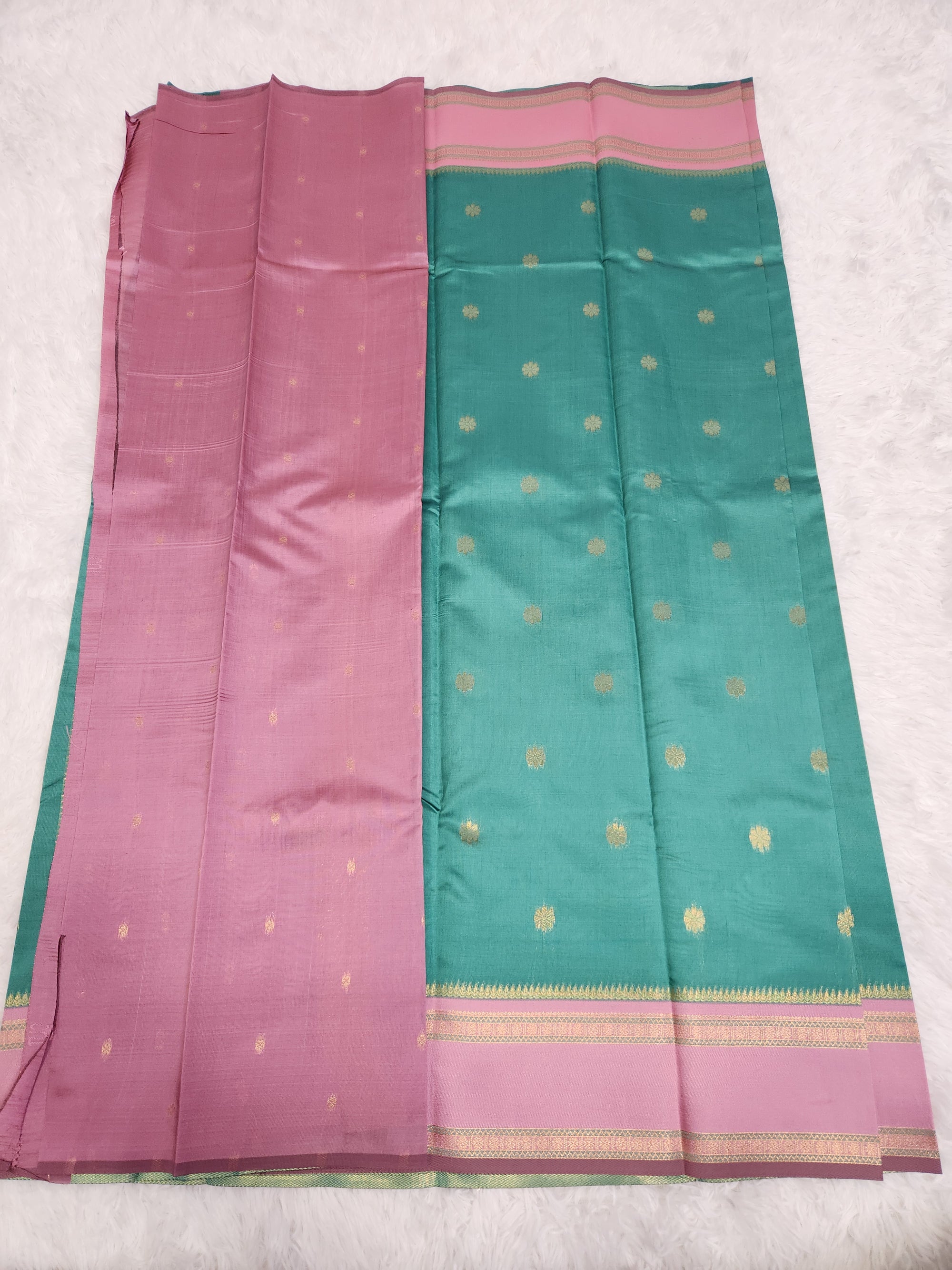 Light Green Soft Silk Saree with Copper Zari & Light Pink Pallu Design
