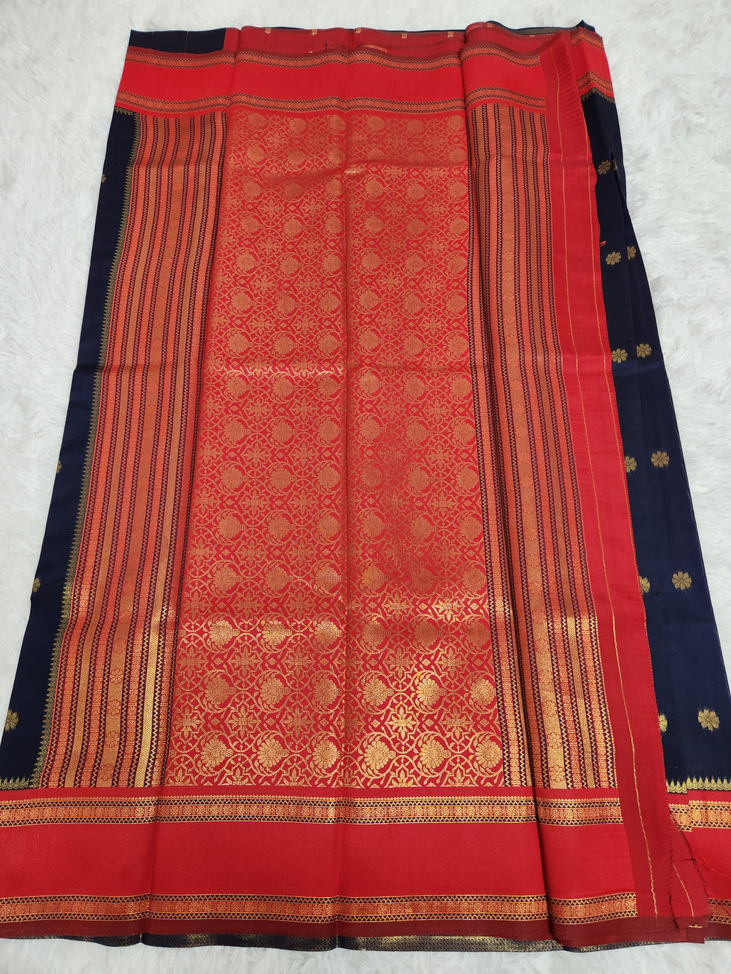 Dark Blue Soft Silk Saree with Copper Zari & Red Pallu Design