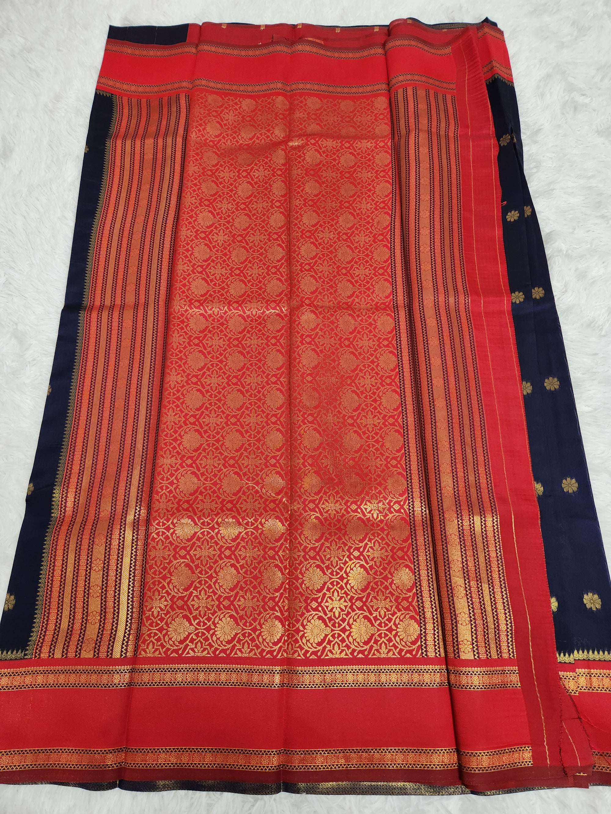 Dark Blue Soft Silk Saree with Copper Zari & Red Pallu Design