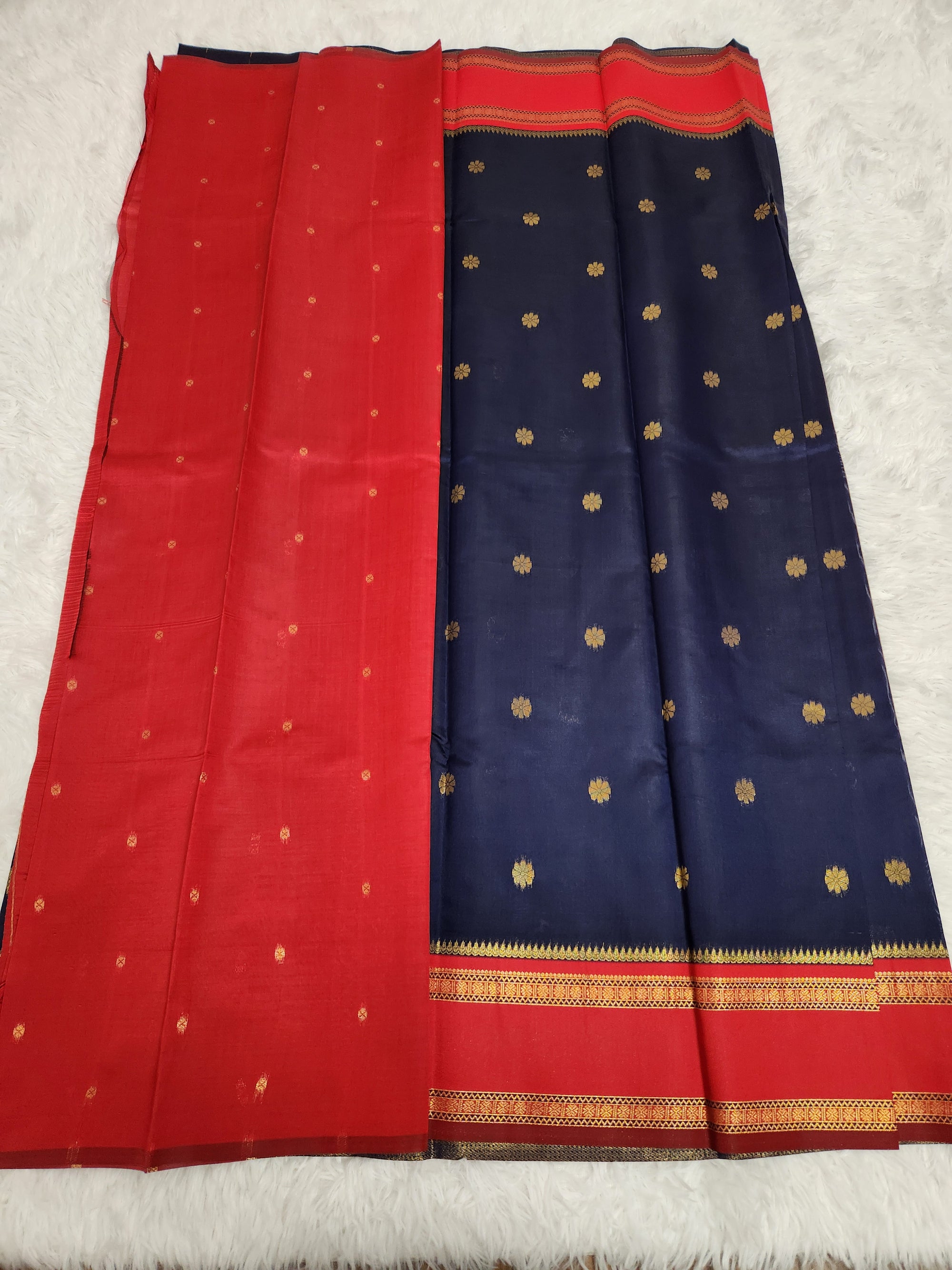 Dark Blue Soft Silk Saree with Copper Zari & Red Pallu Design