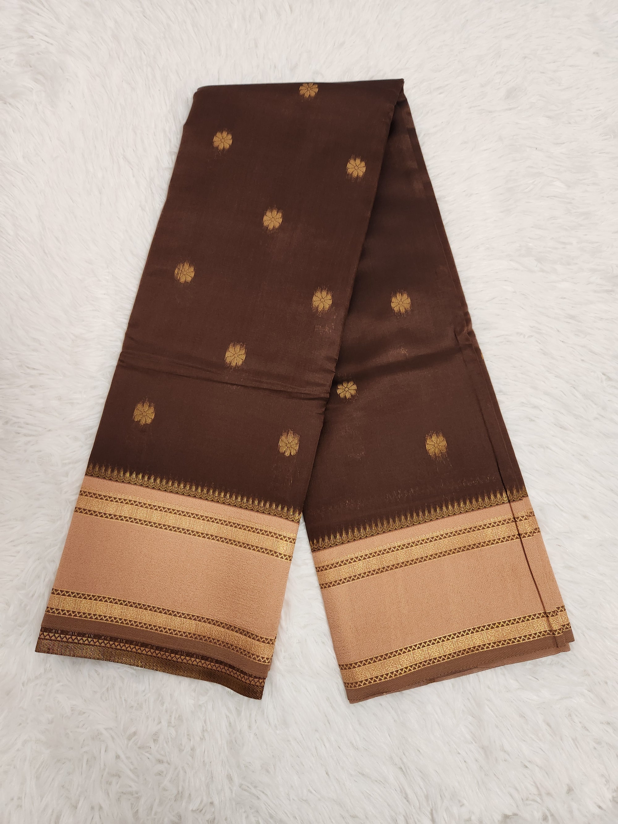 Dark Brown Soft Silk Saree with Copper Zari & Small Butta Design