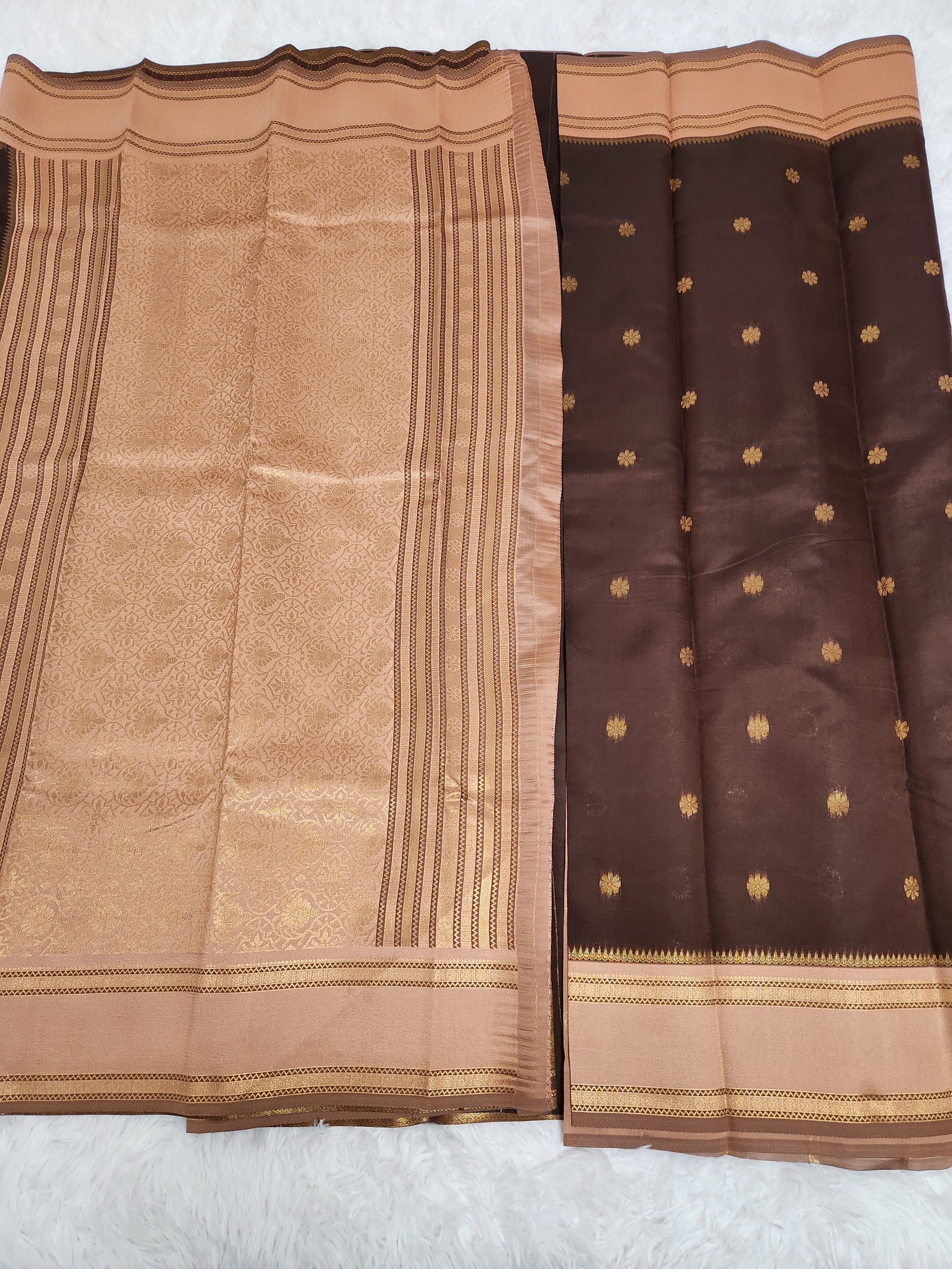 Dark Brown Soft Silk Saree with Copper Zari & Small Butta Design