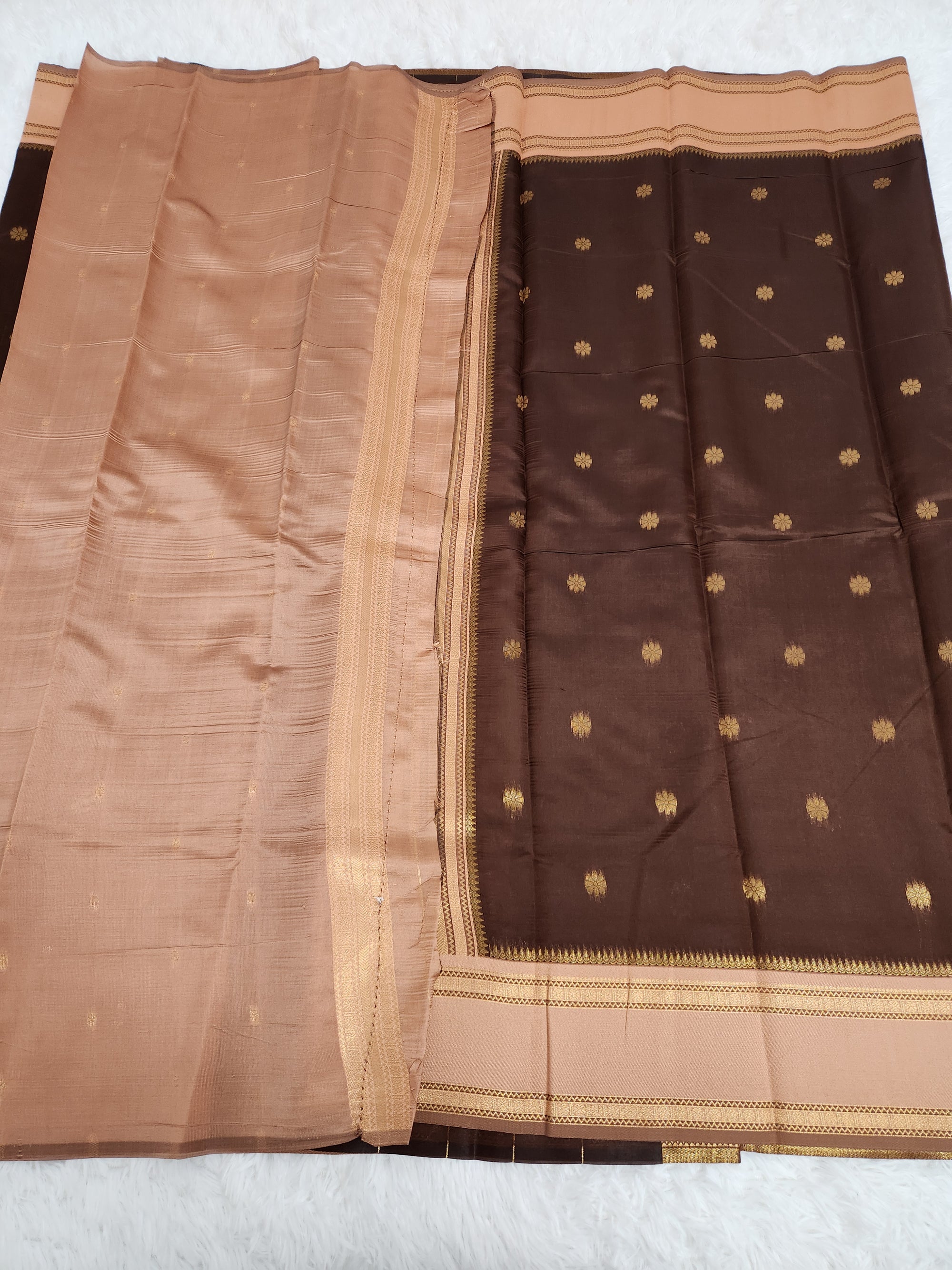 Dark Brown Soft Silk Saree with Copper Zari & Small Butta Design