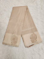 Cream Soft Silk Saree with Copper Zari & Wine Blouse Vertical Line Design