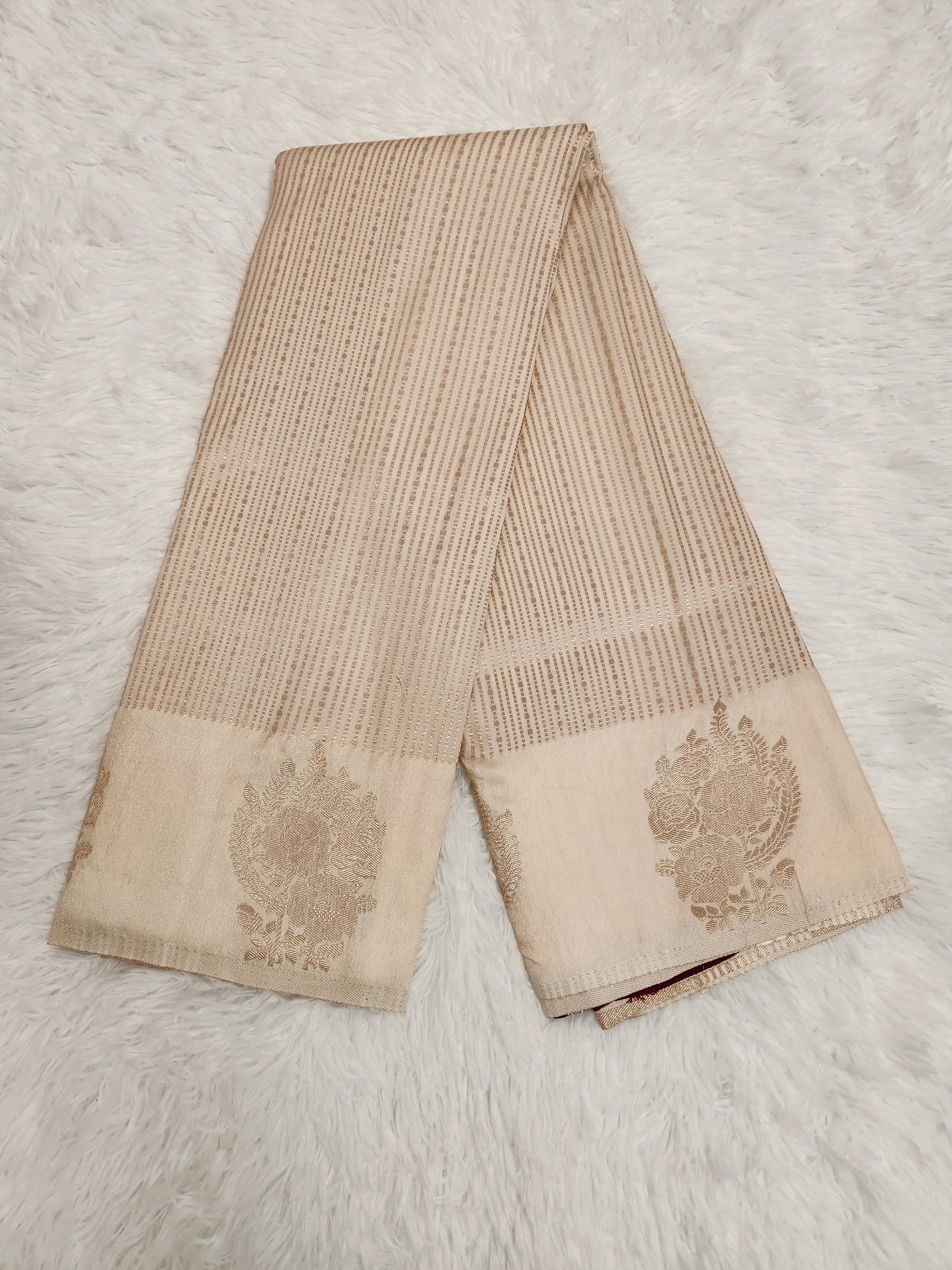 Cream Soft Silk Saree with Copper Zari & Wine Blouse Vertical Line Design